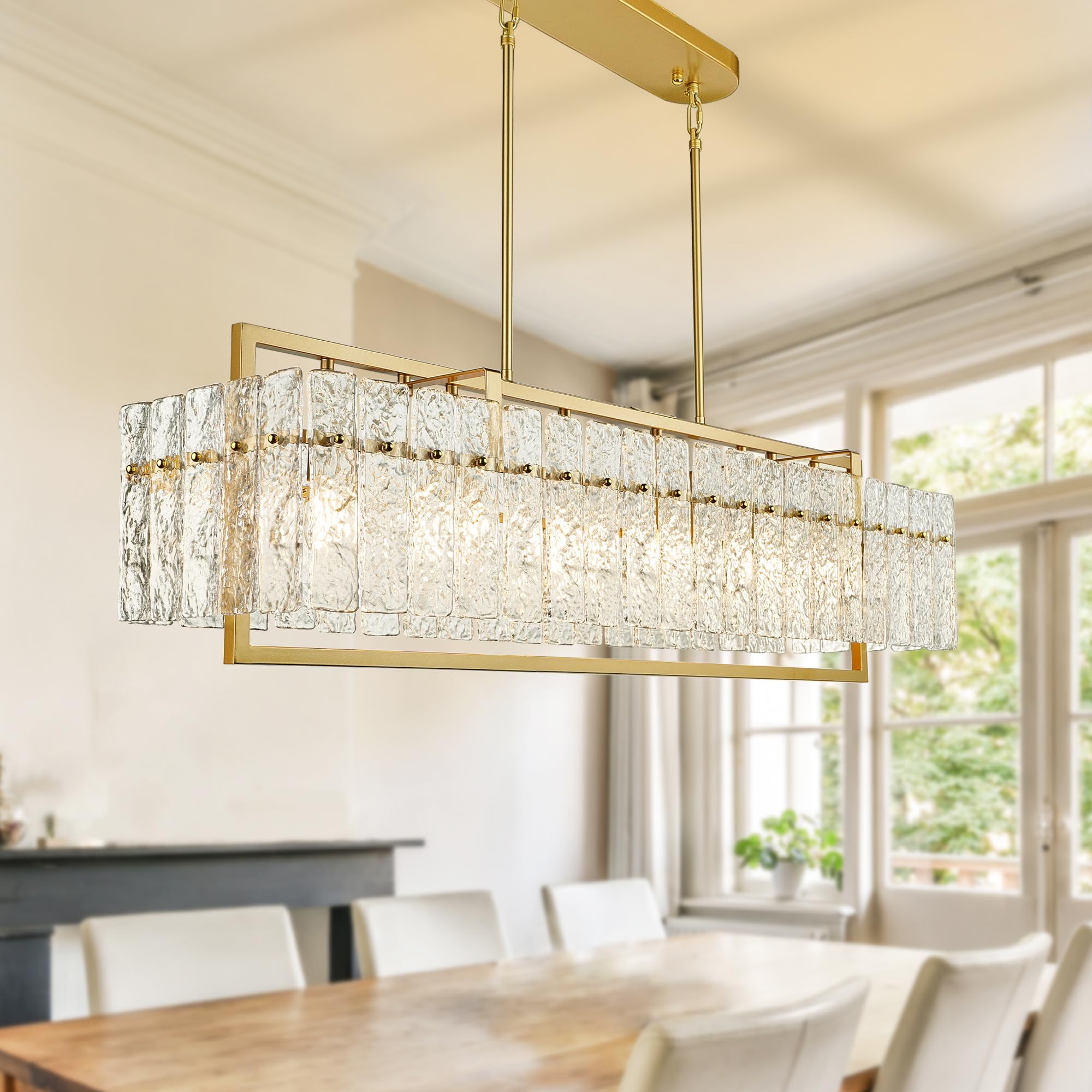 Modern Rectangle Gold Crystal Chandeliers for Dining Room, 42" Large Rectangular Water Ripple Glass Island Light Fixture, Elegant Linear Lighting for Kitchen Island,Living Room, L42 x W11 x H12