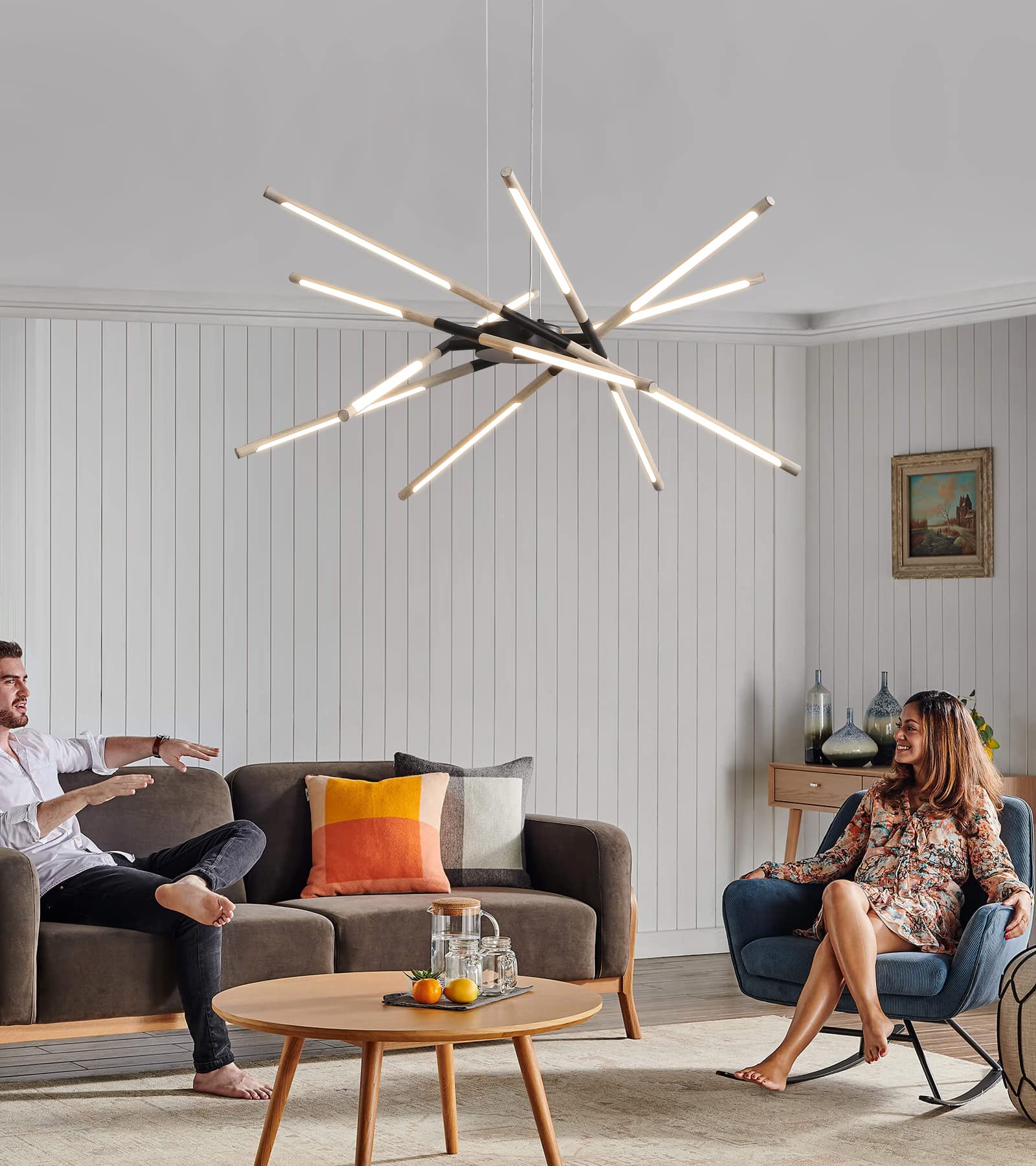 Modern LED Chandeliers for Dining Room,Black and Oak White Farmhouse Sputnik Dimmable Chandelier with Remote for Living Room Kitchen Office Hotel Restaurant Lobby