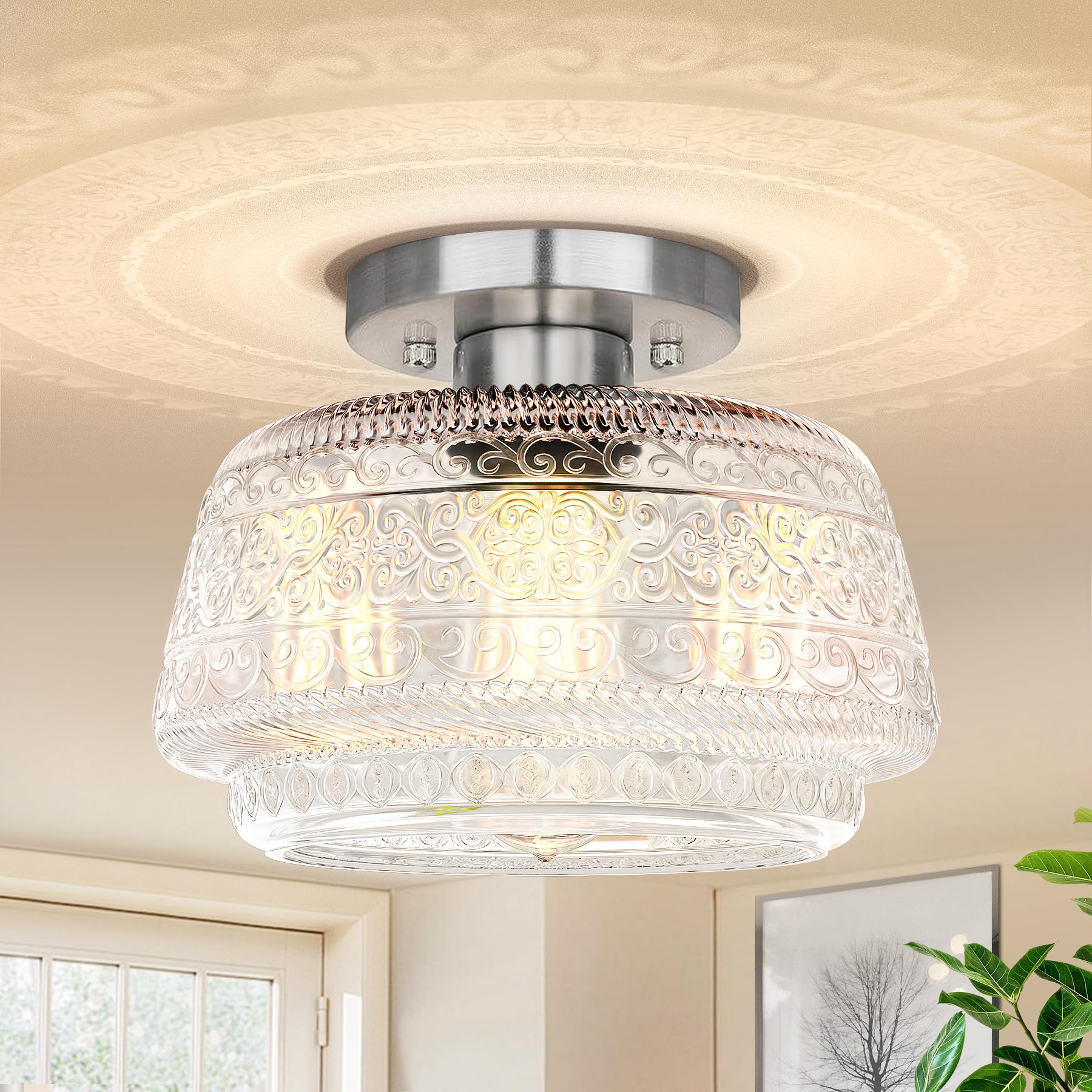 Semi Flush Mount Ceiling Light, Globe Glass Ceiling Light Fixture, Black Close to Ceiling Lighting, Indoor Kitchen Lighting for Hallway Porch Corridor Bedroom, Bulb Not Included