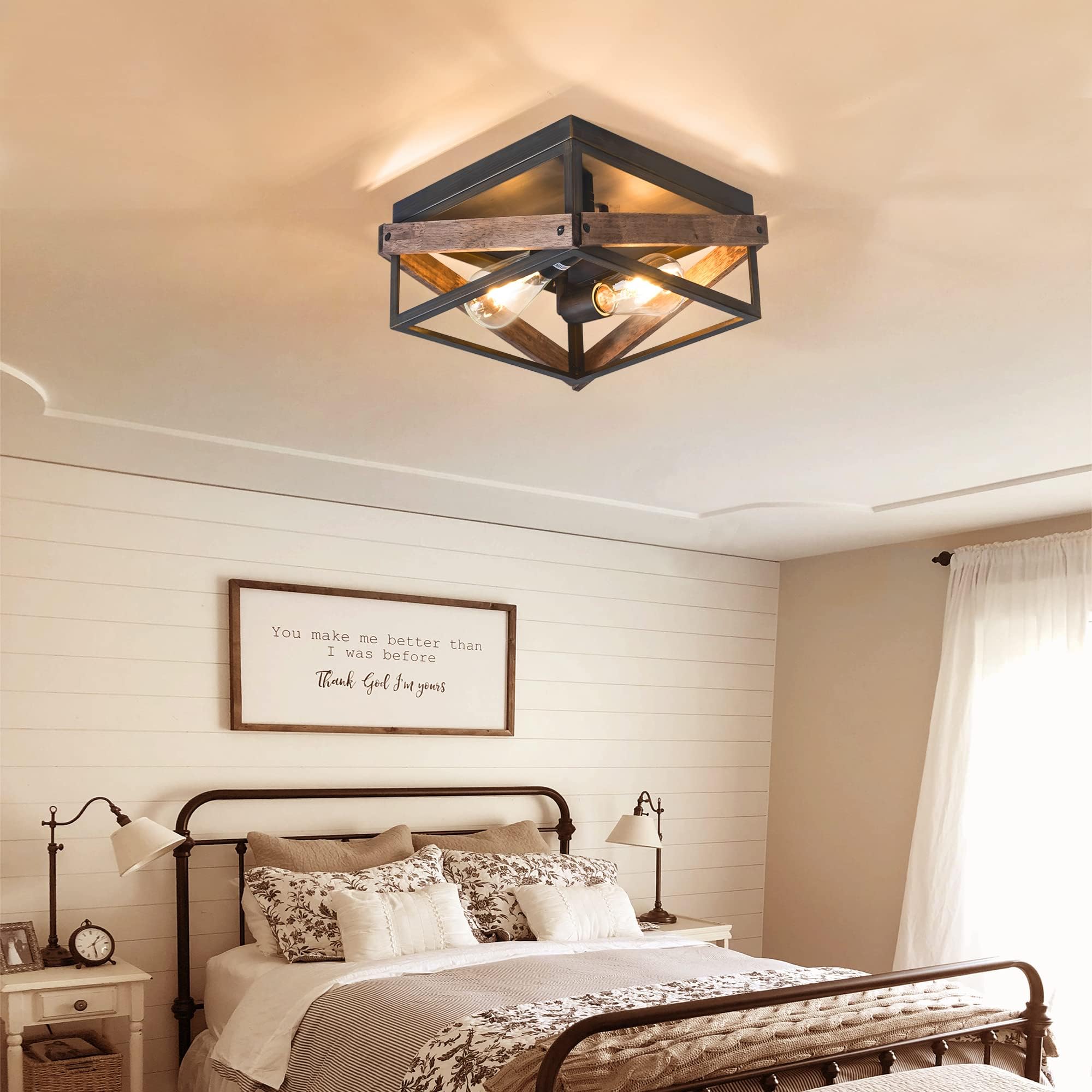 2-Light Farmhouse Flush Mount Ceiling Light, Rustic Ceiling Light, Metal and Wood Square Dining Room Light Fixture for Hallway Farmhouse Entryway Balcony Kitchen