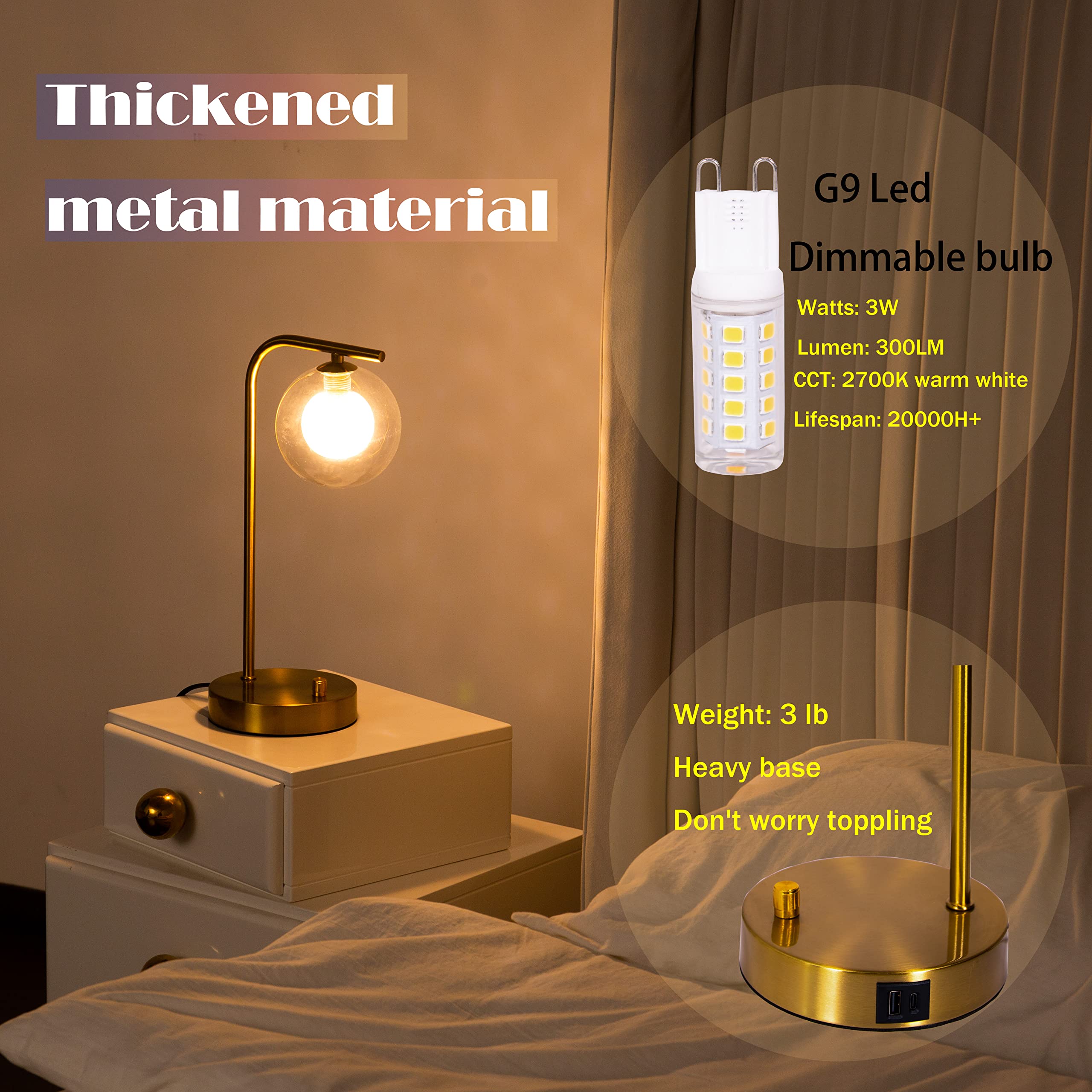 Industrial Table Lamps with USB Charging Ports,Gold Metal Brightness Beside Table Lamp with Glass Globle Stepless Dimmable Desk Lamp for Living Room Bedroom,LED Bulb Included