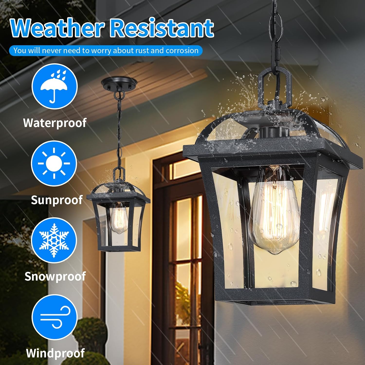 Outdoor Pendant Lights for Porch, Farmhouse Exterior Hanging Lights Fixture with Adjustable Chain,Modern Black Outdoor Chandelier Lantern with Clear Glass for Front Porch, Yard, Gazebo