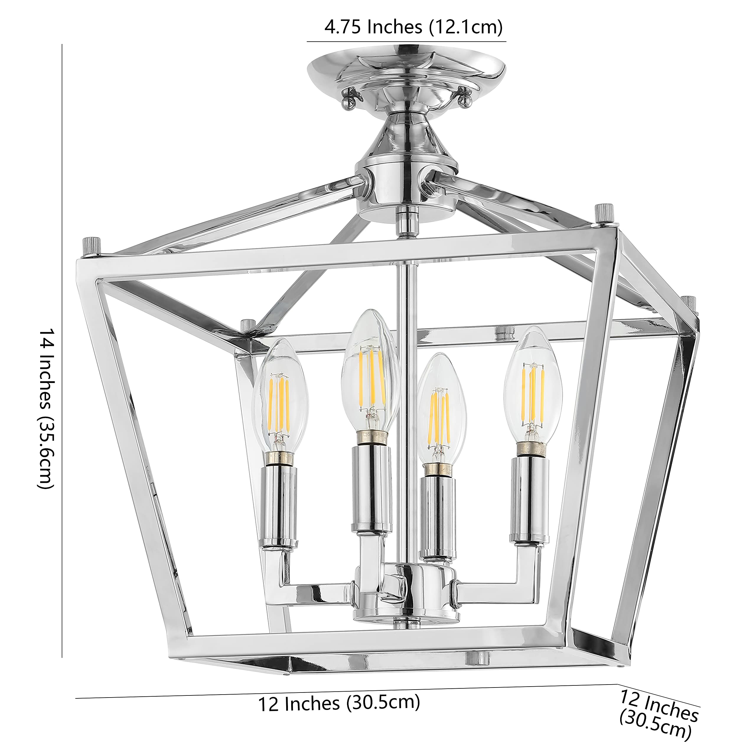 Mini Lantern 12" 4-Light Iron Modern Farmhouse LED Flush Mount, Rustic, Industrial, Dimmable, 2700K Cozy Warm Light Kitchen, Hallway, Bathroom, Stairwell, Brass Gold