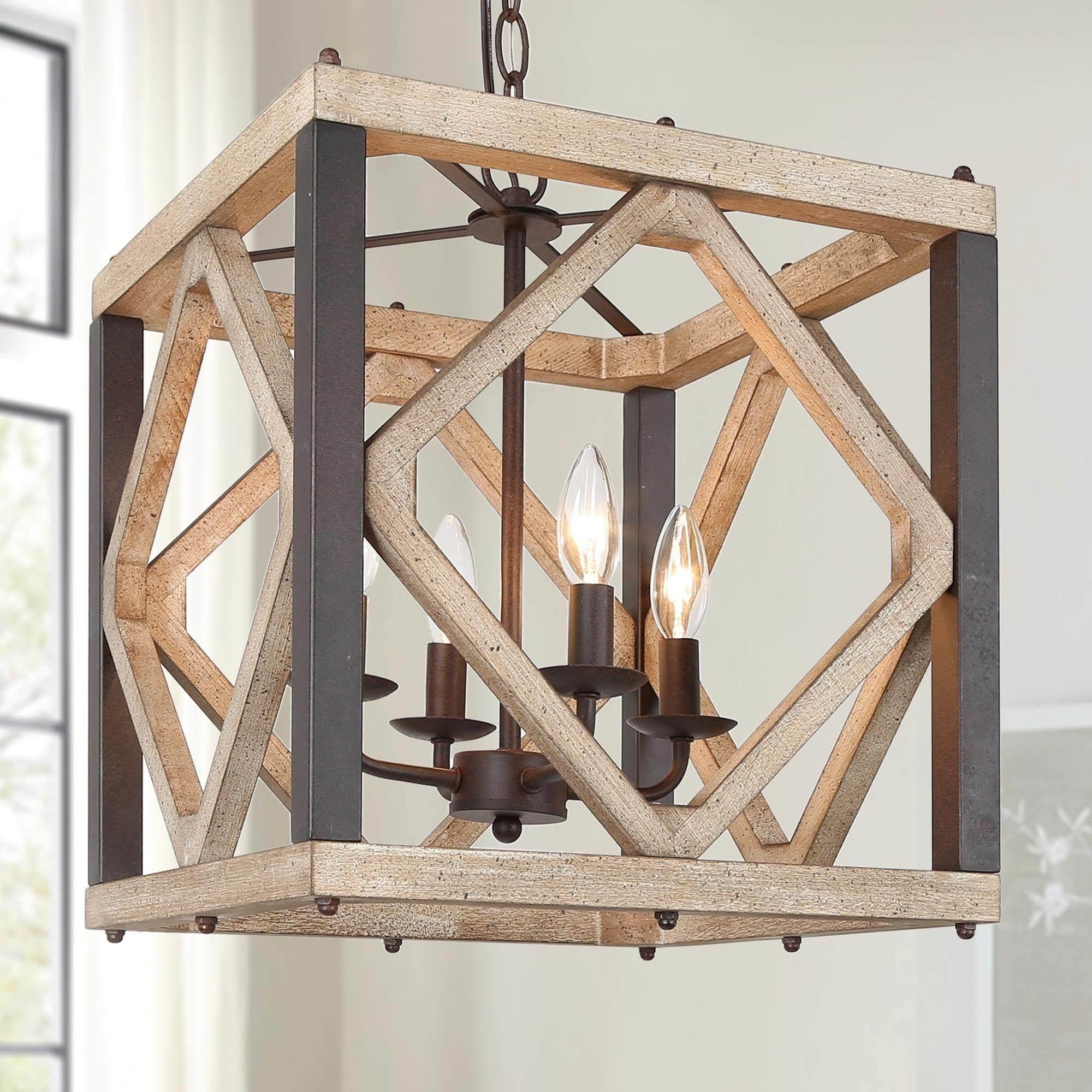 Farmhouse Chandelier, 4-Light Rustic Wood Cage Dining Room Chandelier Over Table, Wooden Square Chandeliers Hanging Light Fixture for Bedrooms, Kitchen Island, Entryway, Foyer