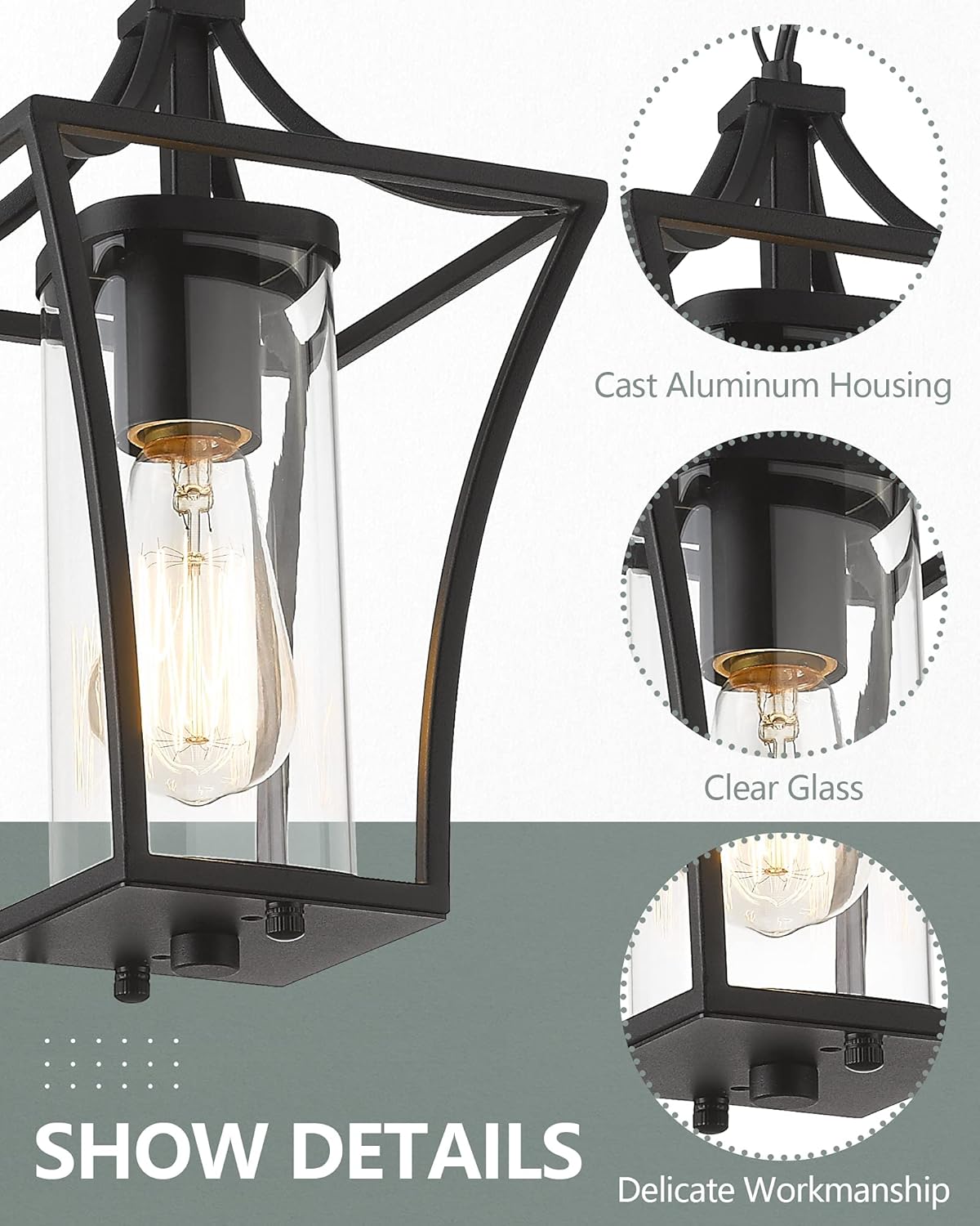 Outdoor Pendant Lights for Porch,Exterior Hanging Light Fixtures,Outdoor Lantern Pendant Light in Textured Black Finish w/Clear Glass Panel - 2451-1H