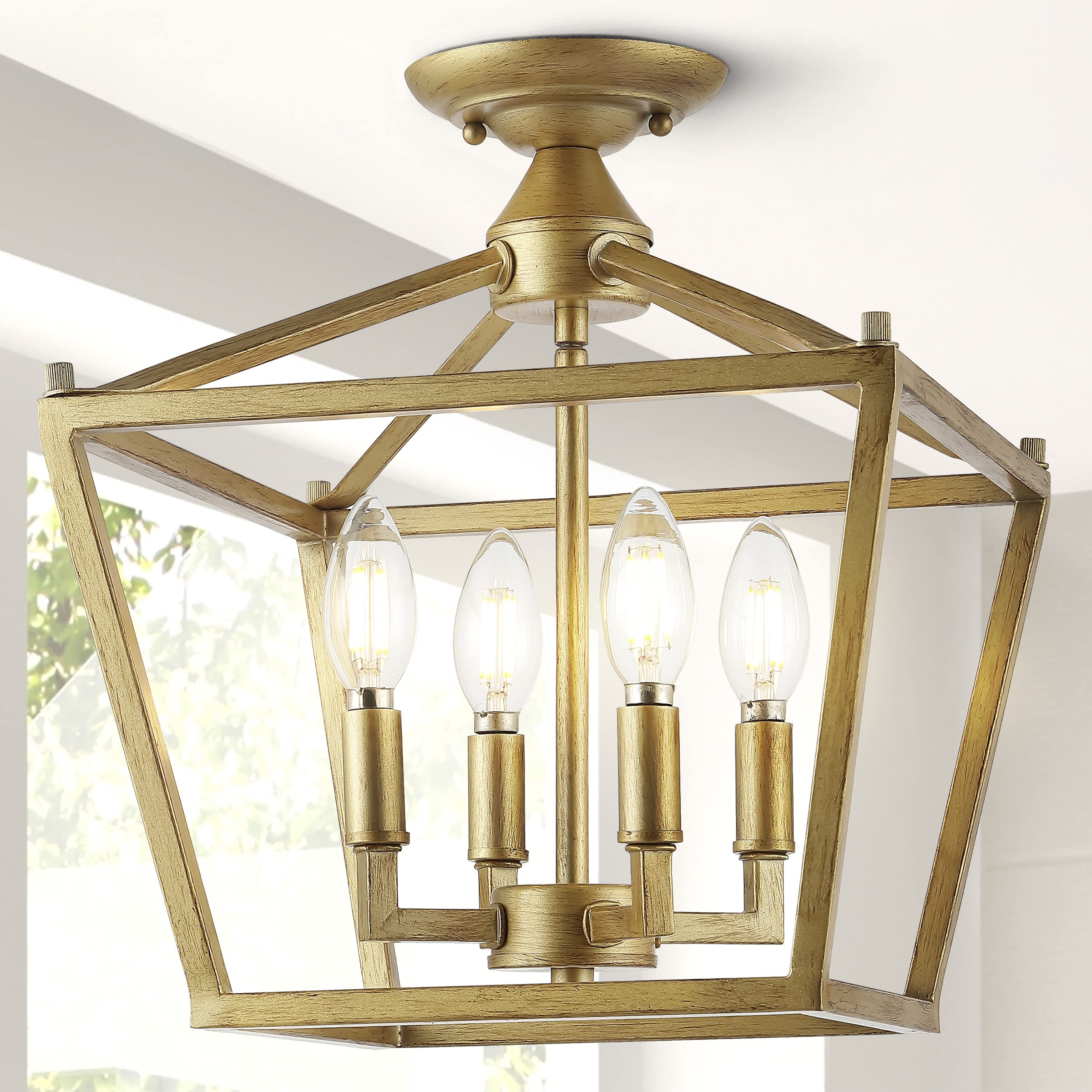 Mini Lantern 12" 4-Light Iron Modern Farmhouse LED Flush Mount, Rustic, Industrial, Dimmable, 2700K Cozy Warm Light Kitchen, Hallway, Bathroom, Stairwell, Brass Gold