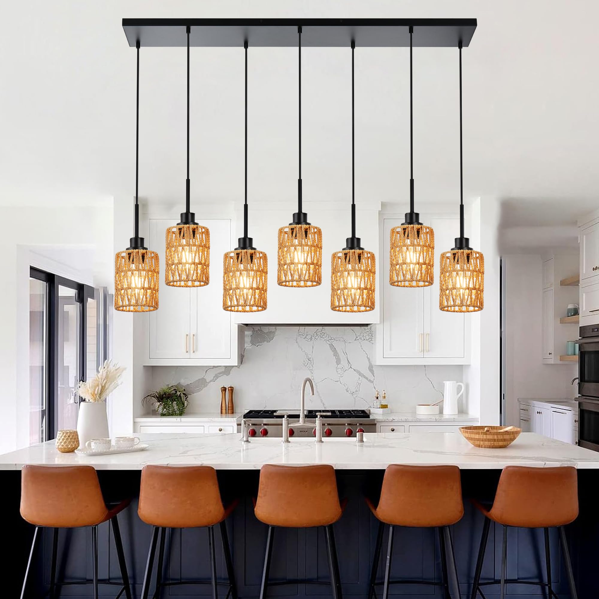 2 Pack Rattan Hanging Light Fixture Boho Pendant Light Black Adjustable Dining Table Light Fixture with Rattan Lamp Shade, Set of Two Mini Pendant Lighting for Kitchen Island Hallway Stair