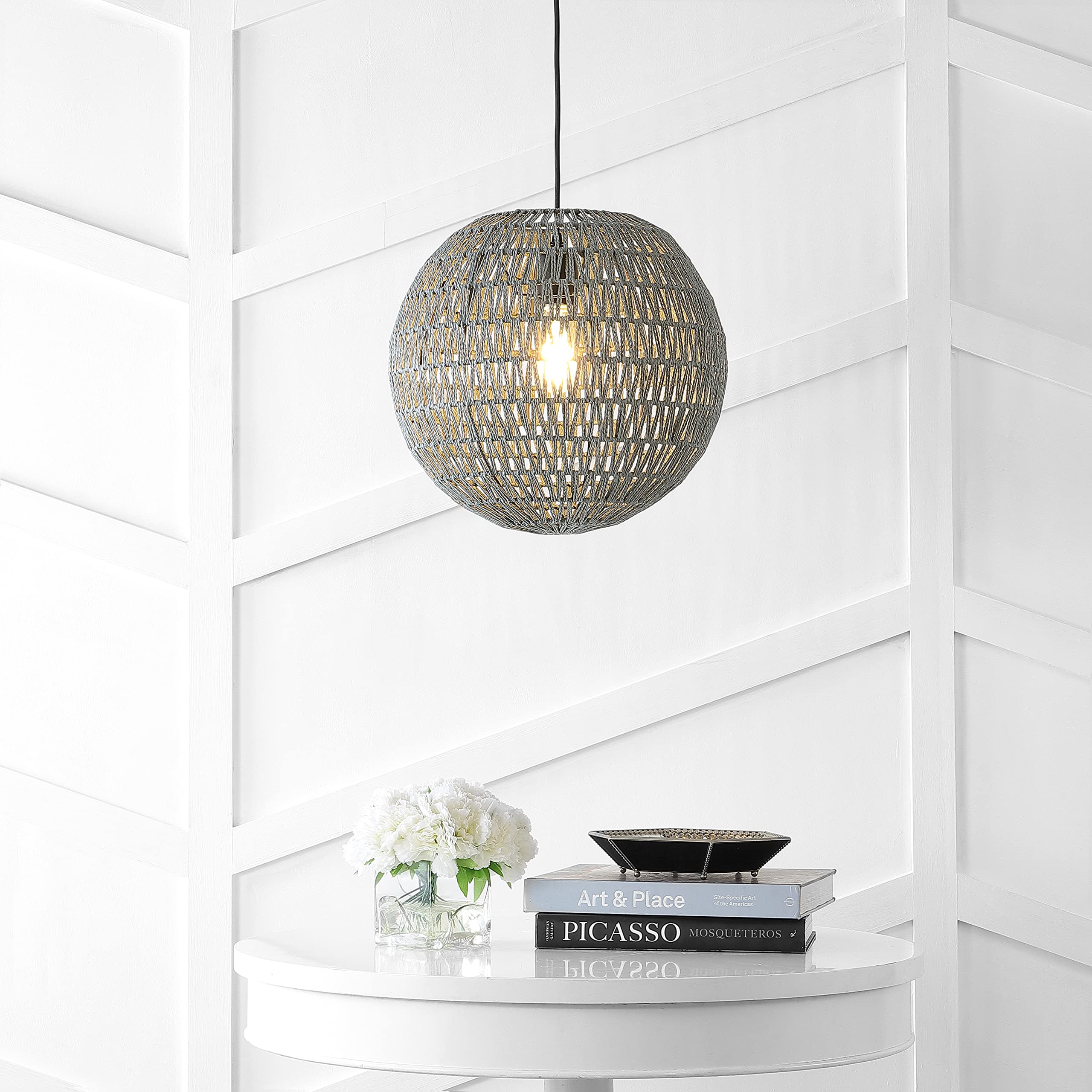 15.7" Woven Rattan Orb LED Pendant Minimalist Modern Contemporary Transitional Bohemian Modern Dimmable Adjustable Dining Room Living Room Kitchen Foyer Bedroom Hallway, White