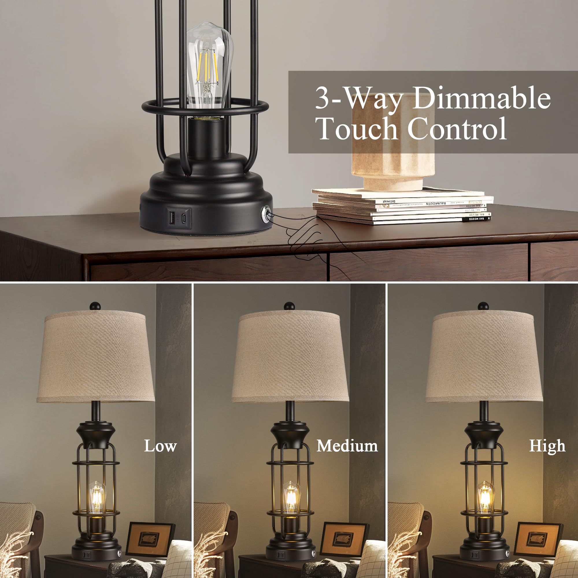 Farmhouse Table Lamp Set of 2 with USB Charging Ports, Tall Table Lamp for Living Room,3-Way Dimmable Lamps for Bedroom, Rustic Bedside Lamp, Industrial Nightstand Lamps,Bulbs Included