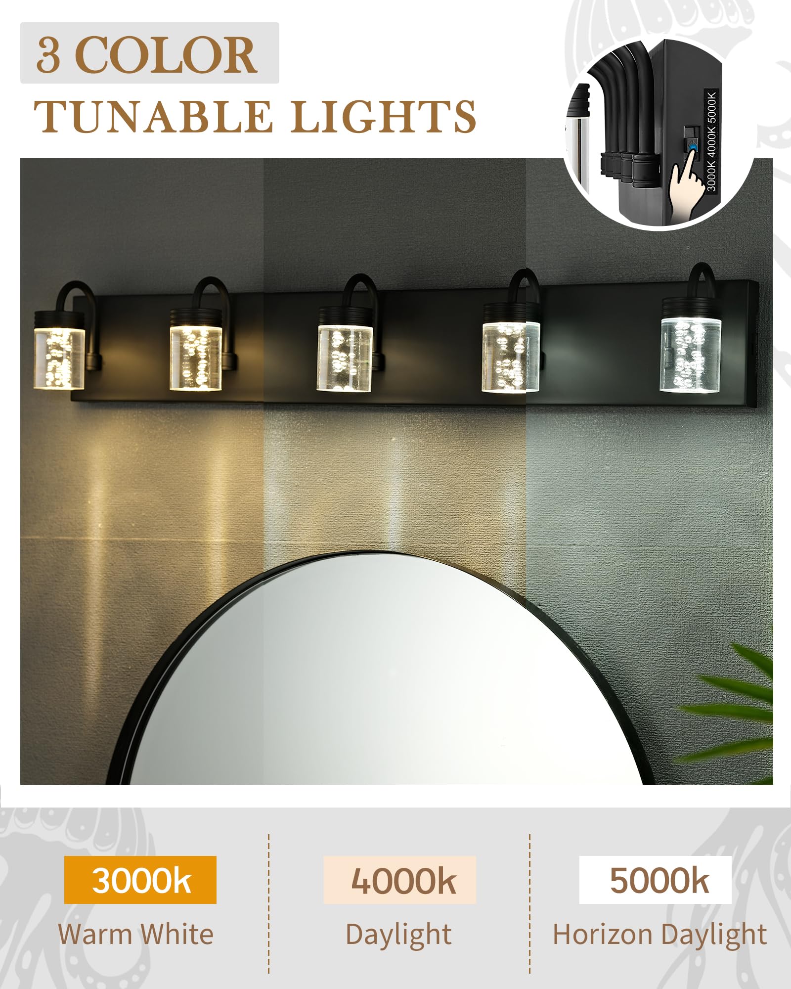 4 Lights Dimmable Crystal LED Vanity Light, Modern Matte Black Bathroom Light Fixtures 16W 3000/4000/5000K, LMS-193