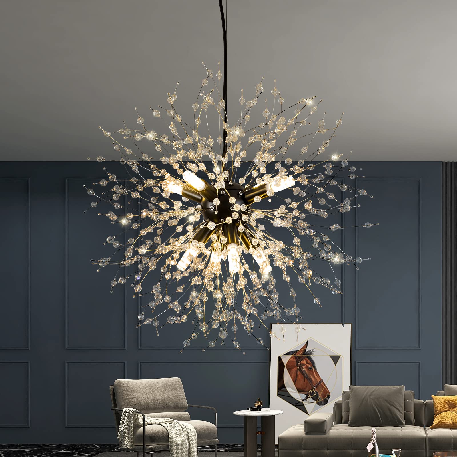 Modern Crystal Chandeliers Firework, Matt Black Dandelion Sputnik Ceiling Light Fixtures, Sputnik Chandelier Pendant Light for Bedroom Living Room Dining Room Kitchen Island Hallway