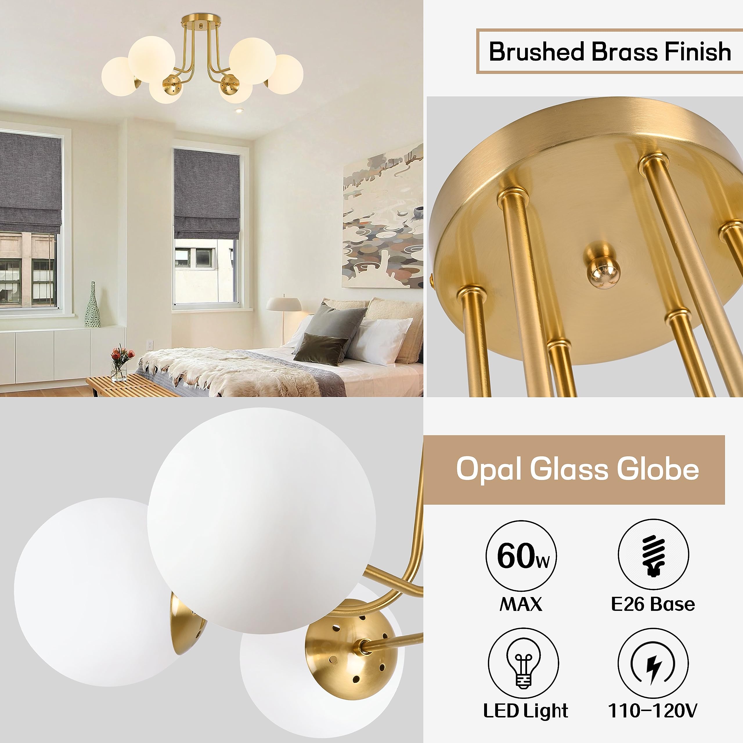 KoKo&Yukina 3-Light Semi Flush Mount Ceiling Light Globe Ceiling Light Mid Century Ceiling Light with Opal Milk Glass Globe & Brushed Brass for Bedroom Hallway Entryway Kitchen Living Room-Bulb Incl