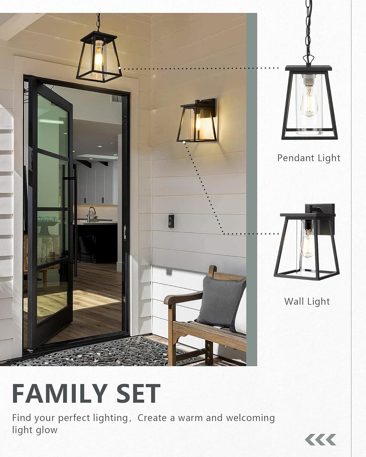 Outdoor Pendant Lights for Porch,Exterior Hanging Light Fixtures,Outdoor Lantern Pendant Light in Textured Black Finish w/Clear Glass Panel - 2451-1H