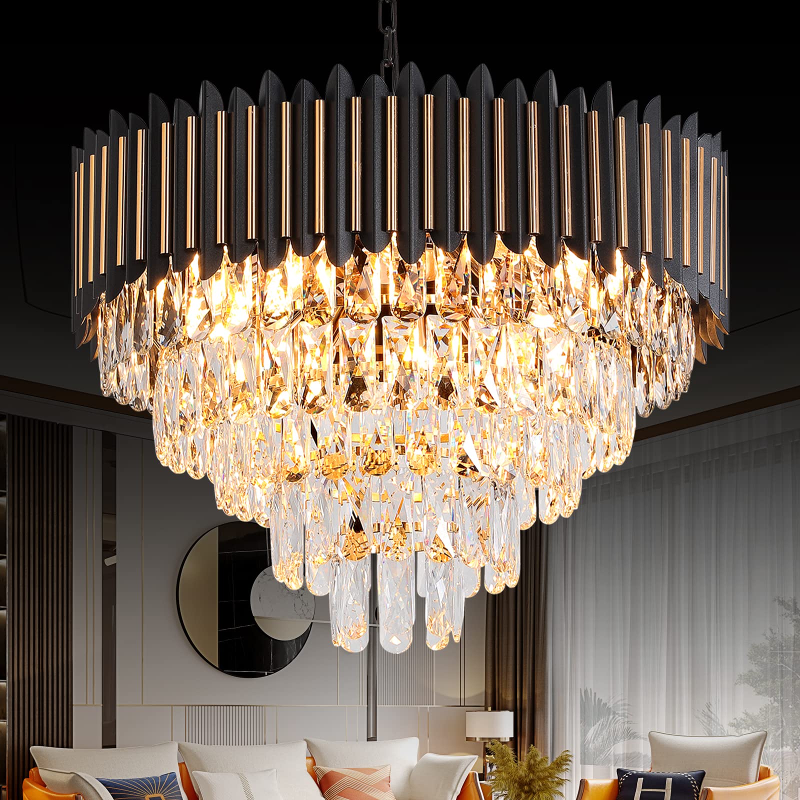 Modern Crystal Chandeliers 3 Tiers Black and Gold Chandelier Pendant Light Fixtures Round Flush Mount Chandeliers Ceiling Lighting for Living Room Dining Room Foyer Bedroom Entryway Kitchen W16in