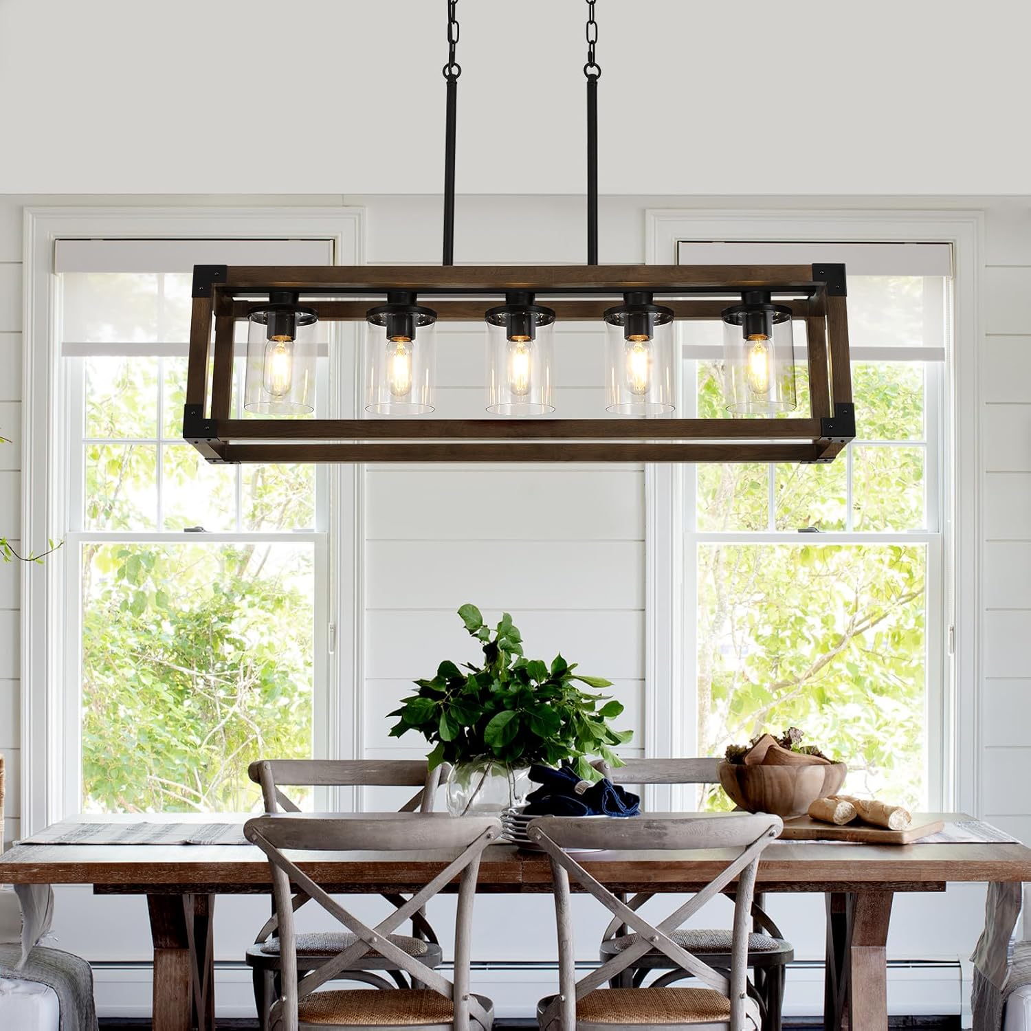 5-Light Kitchen Island Lighting, 35.4-Inch Hanging for Farmhouse Linear Chandeliers,Dining Room Light Fixture/Chandelier Over Table,Black Rustic Wooden Ceiling Chandelier,with Clear Glass Shade