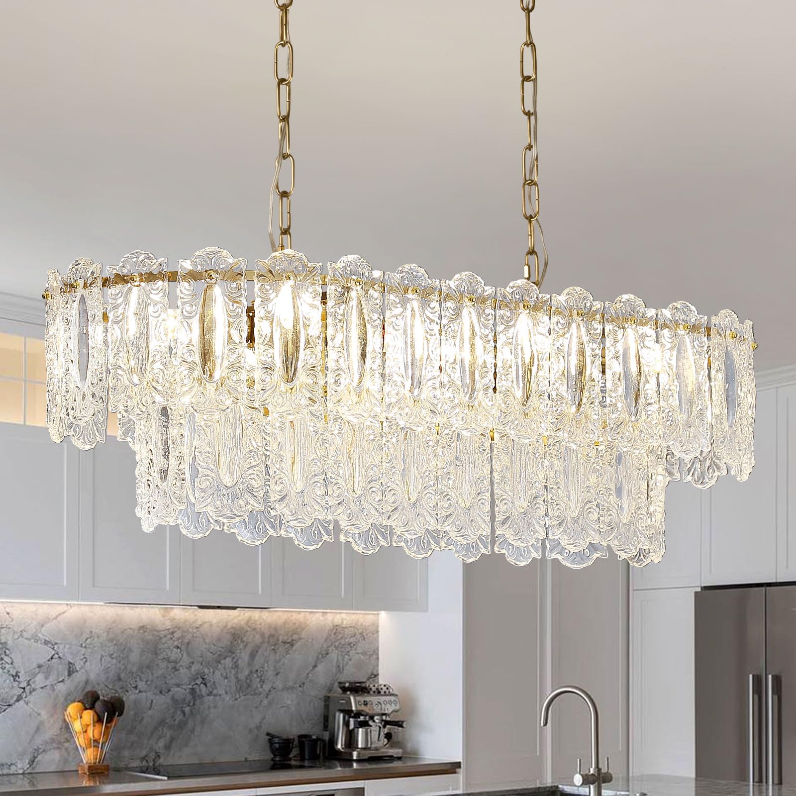 Wansi Modern Crystal Chandeliers for Bedroom: 24" Gold Crystal Hanging Ceiling Light Fixture with 3 Tiers French Glass Lampshade - Semi Flush Mount Chandelier for Dining Room Kitchen Included Bulbs