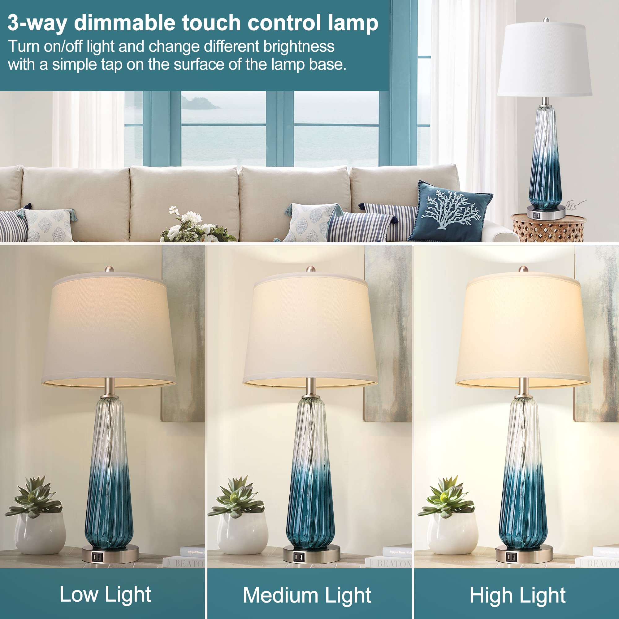 Table Lamps for Living Room with Touch Control, 3-Way Dimmable Bedside Lamps with 2 USB Ports, Modern Glass Nightstand Lamp with White Fabric Shade, 27.5" Large Lamps for Home Bedrooms Decorations