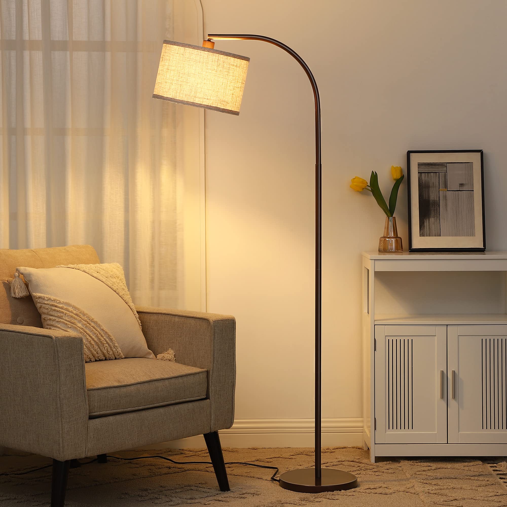 Modern Arc Floor Lamp, Corner Lamp for Living Room, Minimalist Standing Tall Arched Light with Adjustable Line Lampshade, Bedroom, Home Office, Simple Design Farmhouse Style (Bronze)