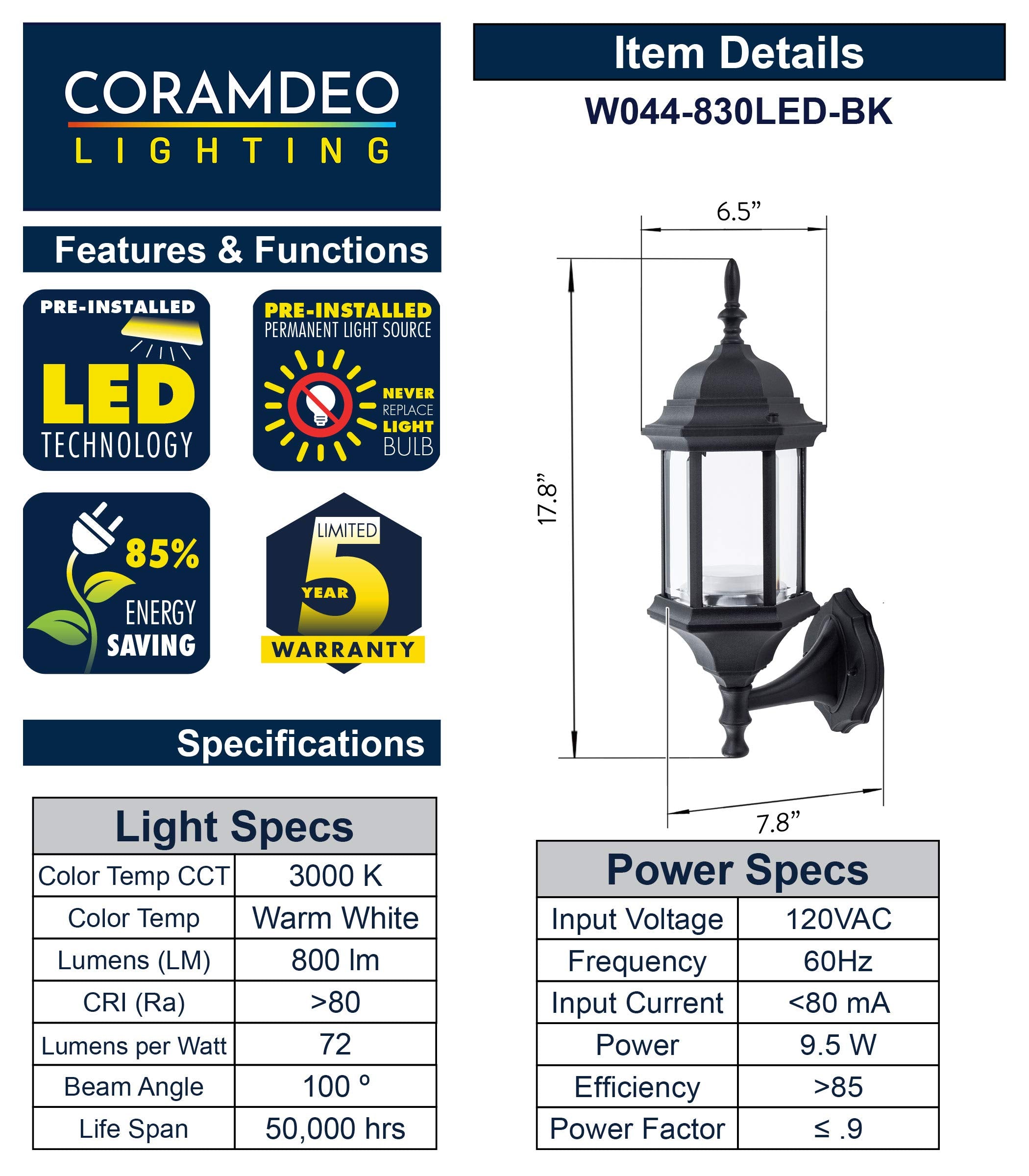 Small Straight Hex Pendant Mount LED Lantern for Porch, Patio, Deck, Damp Location, Built in LED Gives 75W of Light from 9.5W of Power, Durable Cast Aluminum with Black Finish & Clear Glass