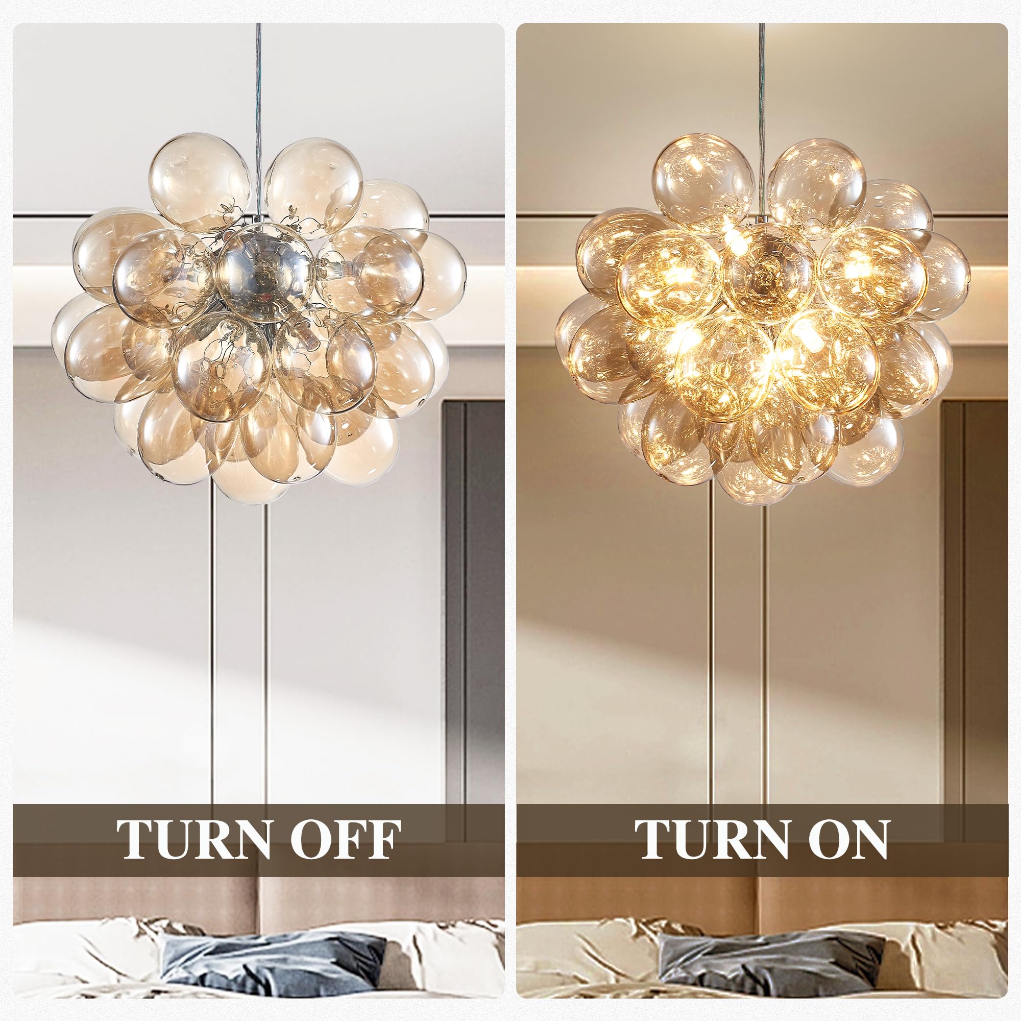 Semi Flush Mount Ceiling Bubble Ball Chandelier Lighting Dia 20 Inch Gold Clear Ribbed Blown Glass Chandeliers Ceiling Medallions Light Fixtures for Bedroom, Living Room, Entry, Bathroom