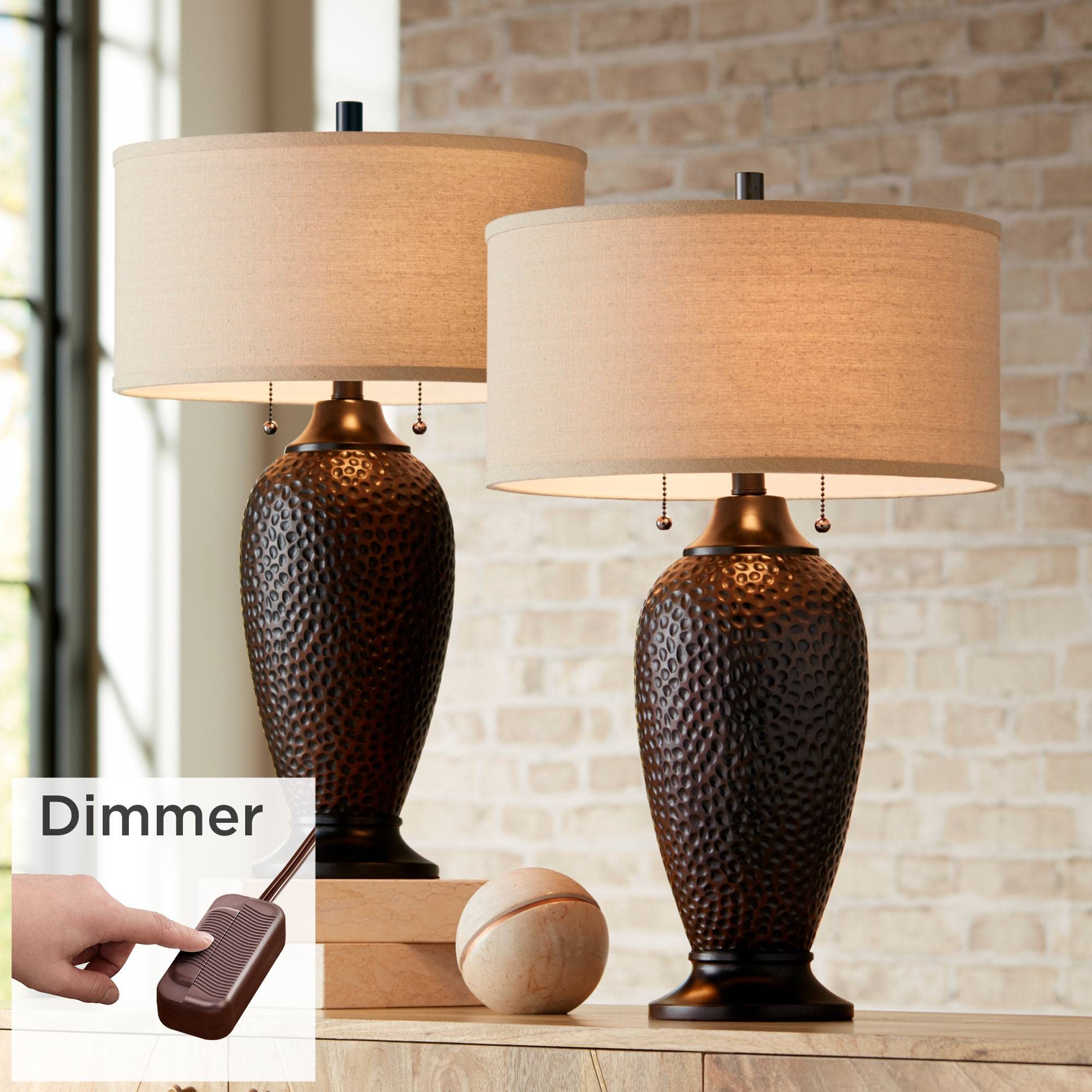 360 Lighting Cody Modern Industrial Rustic Table Lamps 26" High Set of 2 Hammered Oiled Bronze Brown Oatmeal Linen Drum Shade for Living Room Bedroom House Bedside Nightstand Home Office