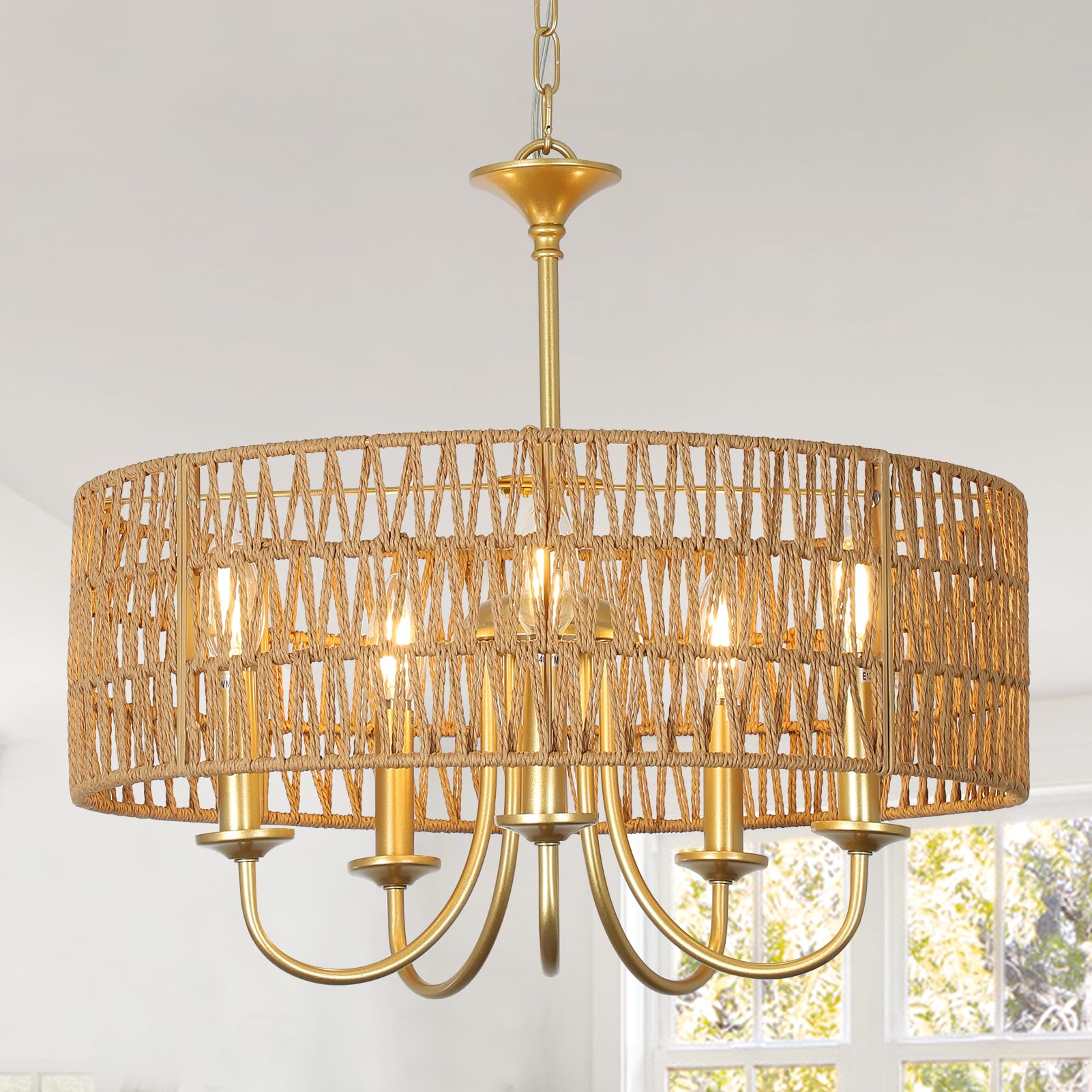 Modern Farmhouse Chandelier Light Fixtures, 5-Lights Large Rattan Pendant Lighting with Hand Woven Wicker Shade, Boho Black Chandeliers for Dining Room Living Room Kitchen Island Bedroom