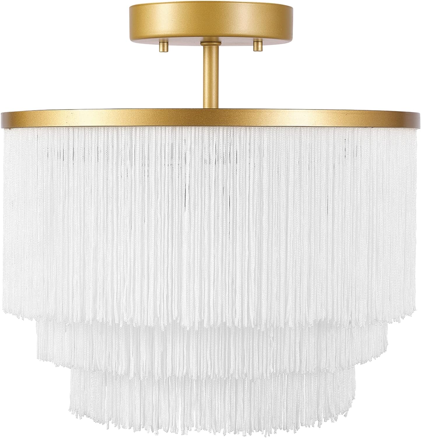 Globe Electric 65892 1-Light Flush Mount Ceiling Light, Matte Gold, White Fabric Fringe Shade, Bulb Not Included