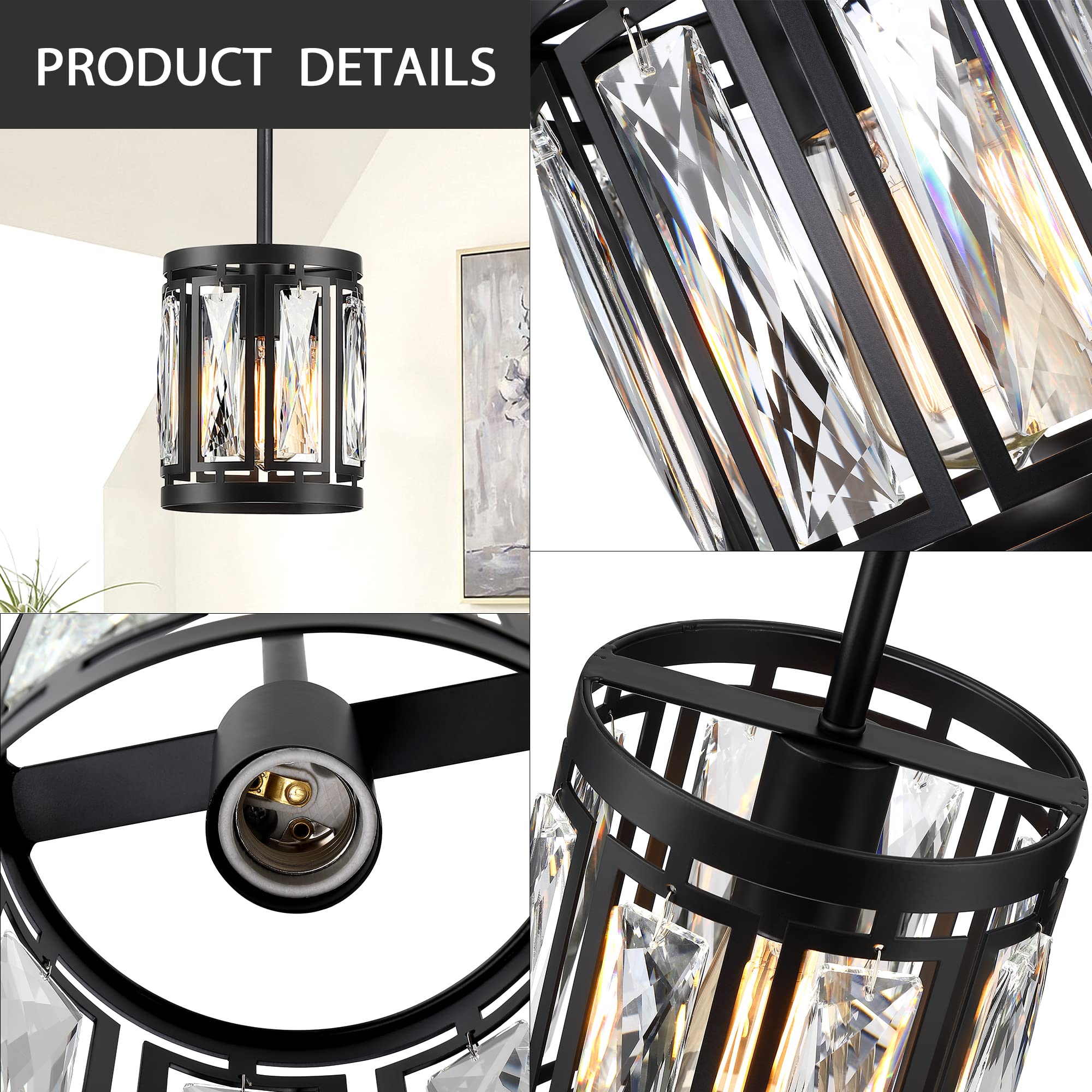 Crystal Pendant Lighting Fixture Matte Black Drum Shade Chandelier,2-Pack Pendant Lights for Kitchen Island Modern Ceiling Lights for Living Room