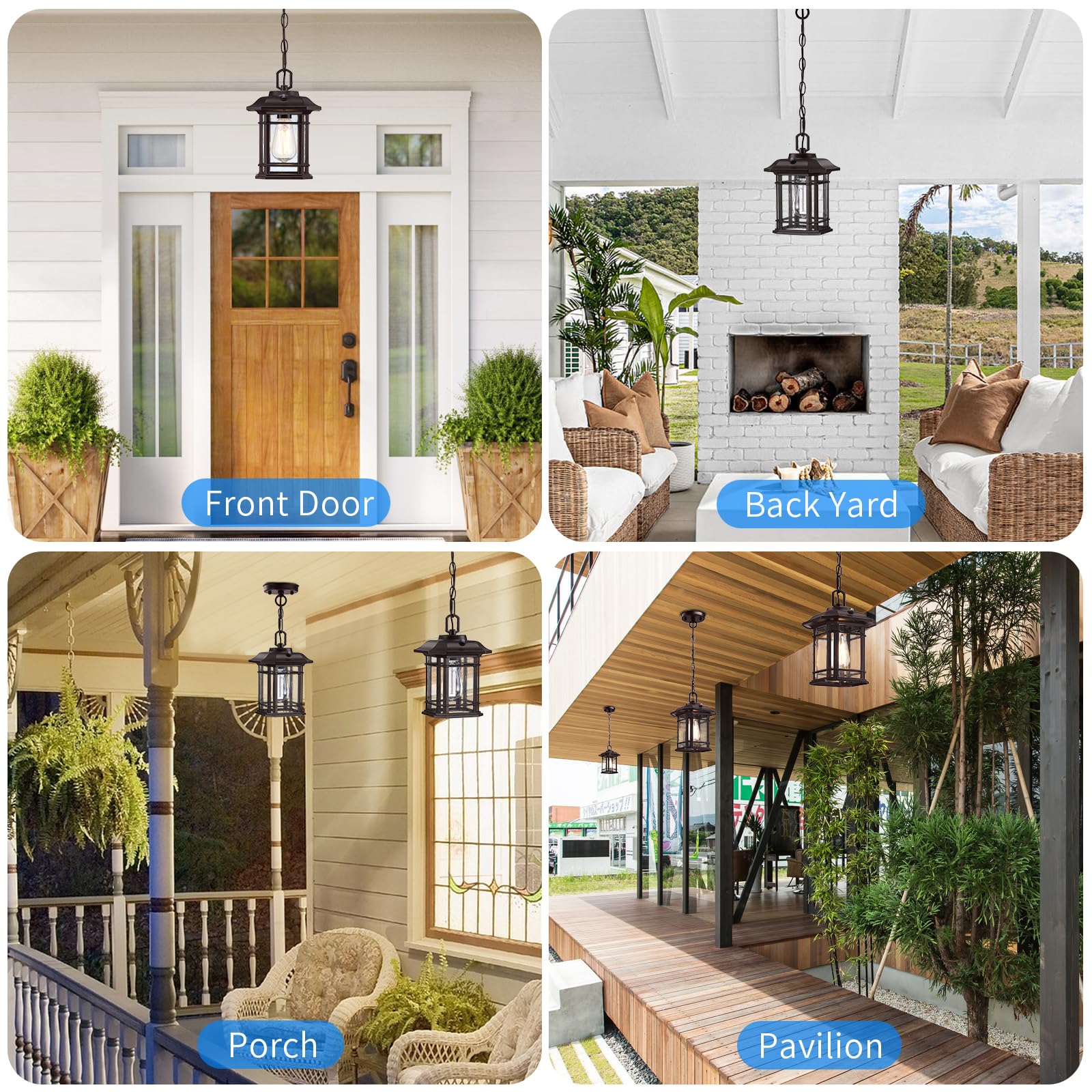 Outdoor Pendant Lights for Porch 10.25'', Black Exterior Hanging Lanterns Outdoor, Farmhouse Outdoor Ceiling Light Fixture, Waterproof Tempered Seed Glass Outdoor Chandelier, 1Pack