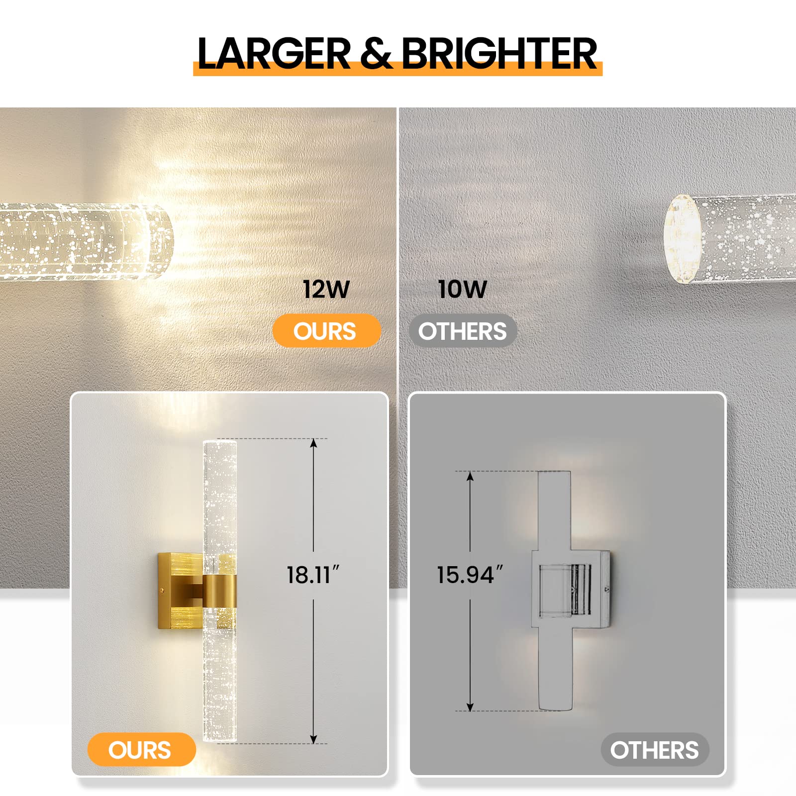 Black Modern LED Wall Sconce - 18 Inch Wall Sconces Set of Two 4000K Dimmable Crystal Sconce Wall Lighting Indoor Wall Mount Bathroom Vanity Light Fixtures for Bedroom Living Room, 12W