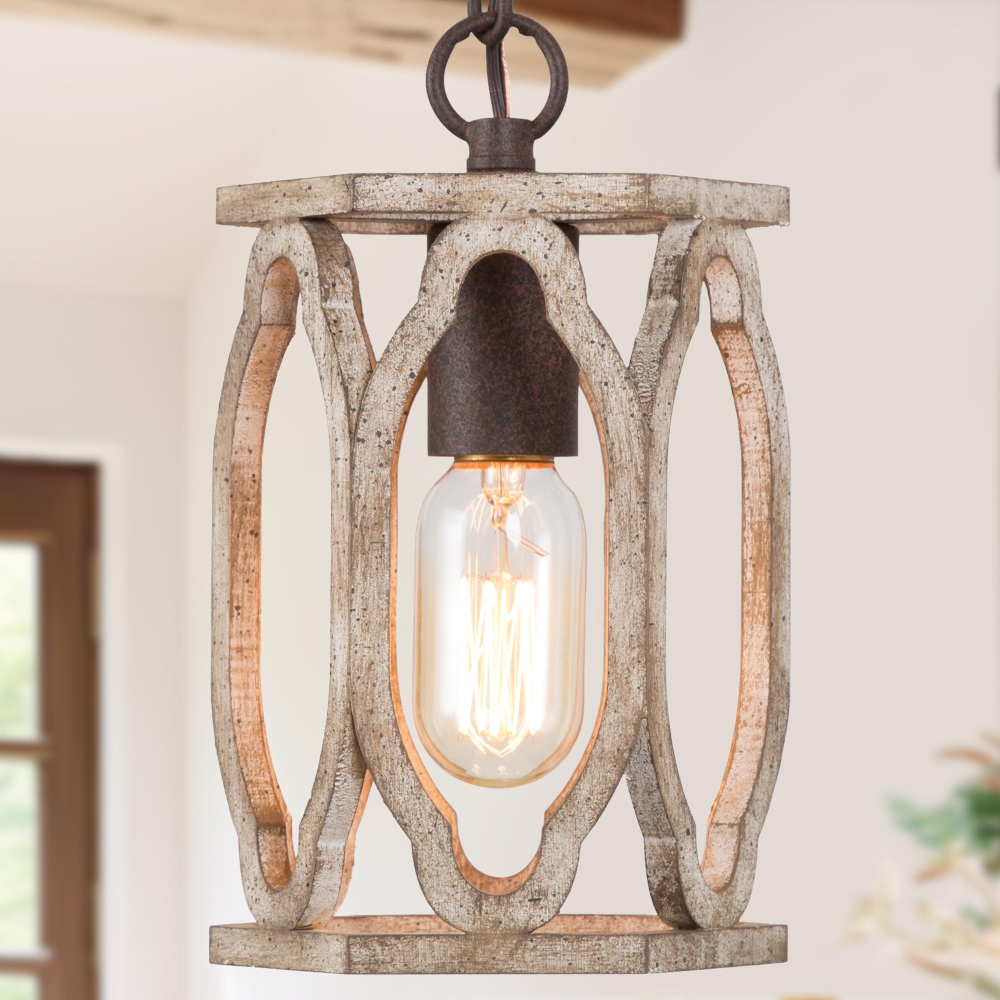 Farmhouse Pendant Light, Wood Rustic Cage Lantern Hanging Light Fixture for Kitchen Island, Foyer, Hallway, Bedroom and Entryway