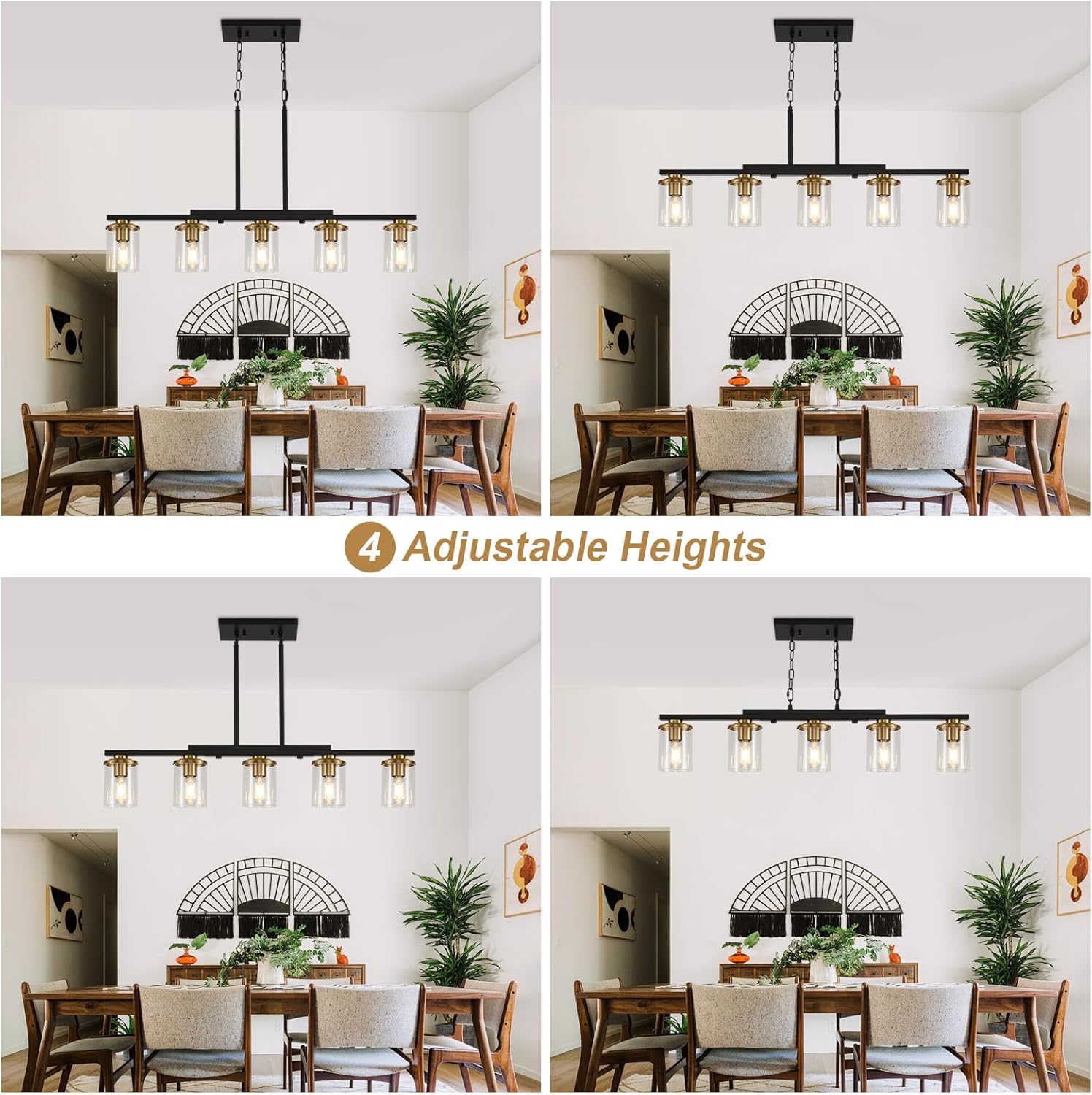 5-Light Kitchen Island Lighting,Dining Room Lights Modern Farmhouse Chandelier with Clear Glass Shade,Modern Rustic Black and Gold Metal Chandelier, Kitchen Pendant Light Fixtures Over Table