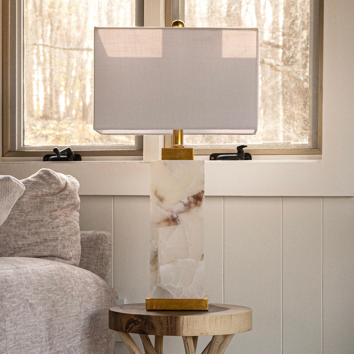 Elizabeth 27.5" Alabaster LED Table Lamp Coastal Contemporary Bedside Desk Nightstand Lamp for Bedroom Living Room Office College Bookcase LED Bulb Included, White/Gold Leaf