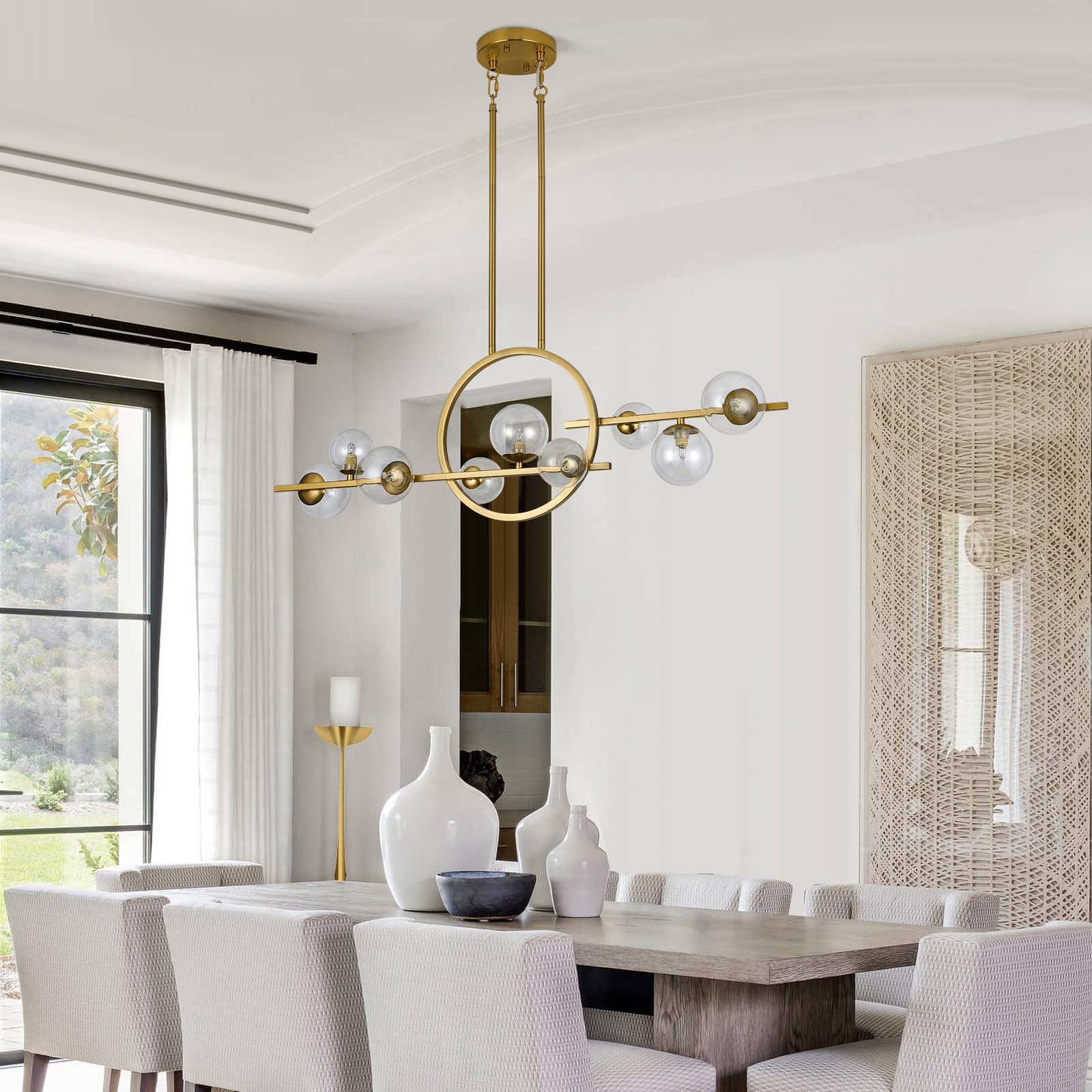 Modern Gold Chandelier for Dining Room Over Table Above Kitchen Island 9-Light Fixture Hanging Farmhouse Lighting Fixtures Ceiling Pendant Linear Chandelier with Clear Glass Globe Shade-Brushed Golden