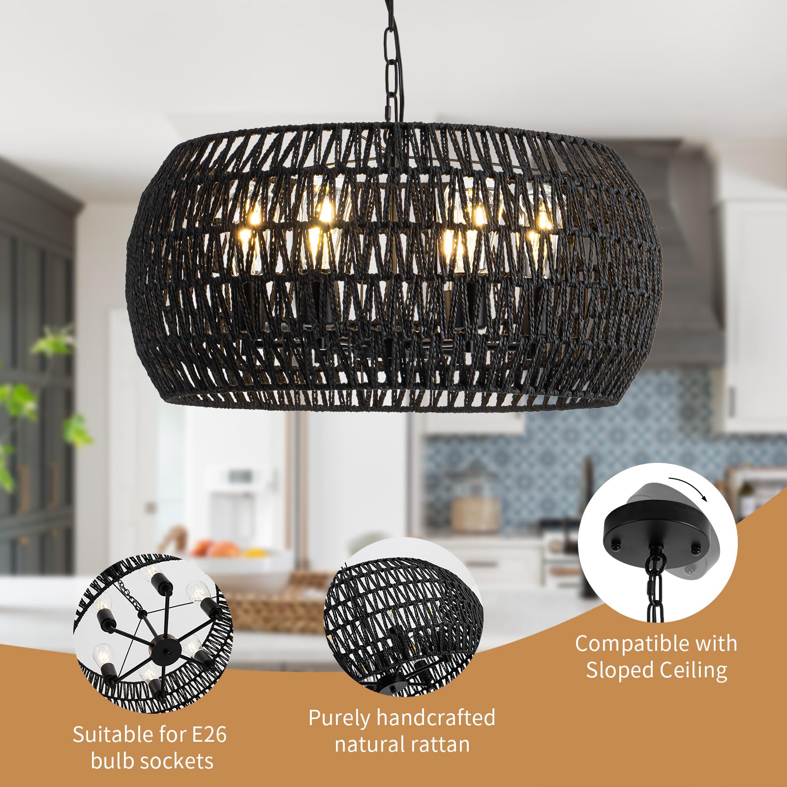 4-Light Rattan Semi Flush Mount Ceiling Light, 15" Boho Light Fixture with Hand-Woven Rattan Shade in Quatrefoil Shape, Farmhouse Boho Chandelier Wicker Light Fixture for Kitchen Bedroom Foyer