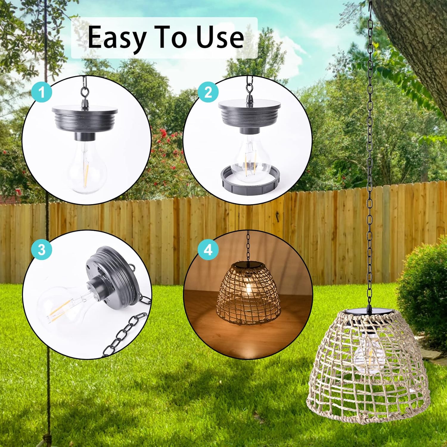 Battery Operated Outdoor Hanging Light Seagrass Woven Waterproof Porch Gazebo Patio Pendant Lantern Chandelier Lighting Decorative Hollow-Out Auto On/Off Warm White Bulb