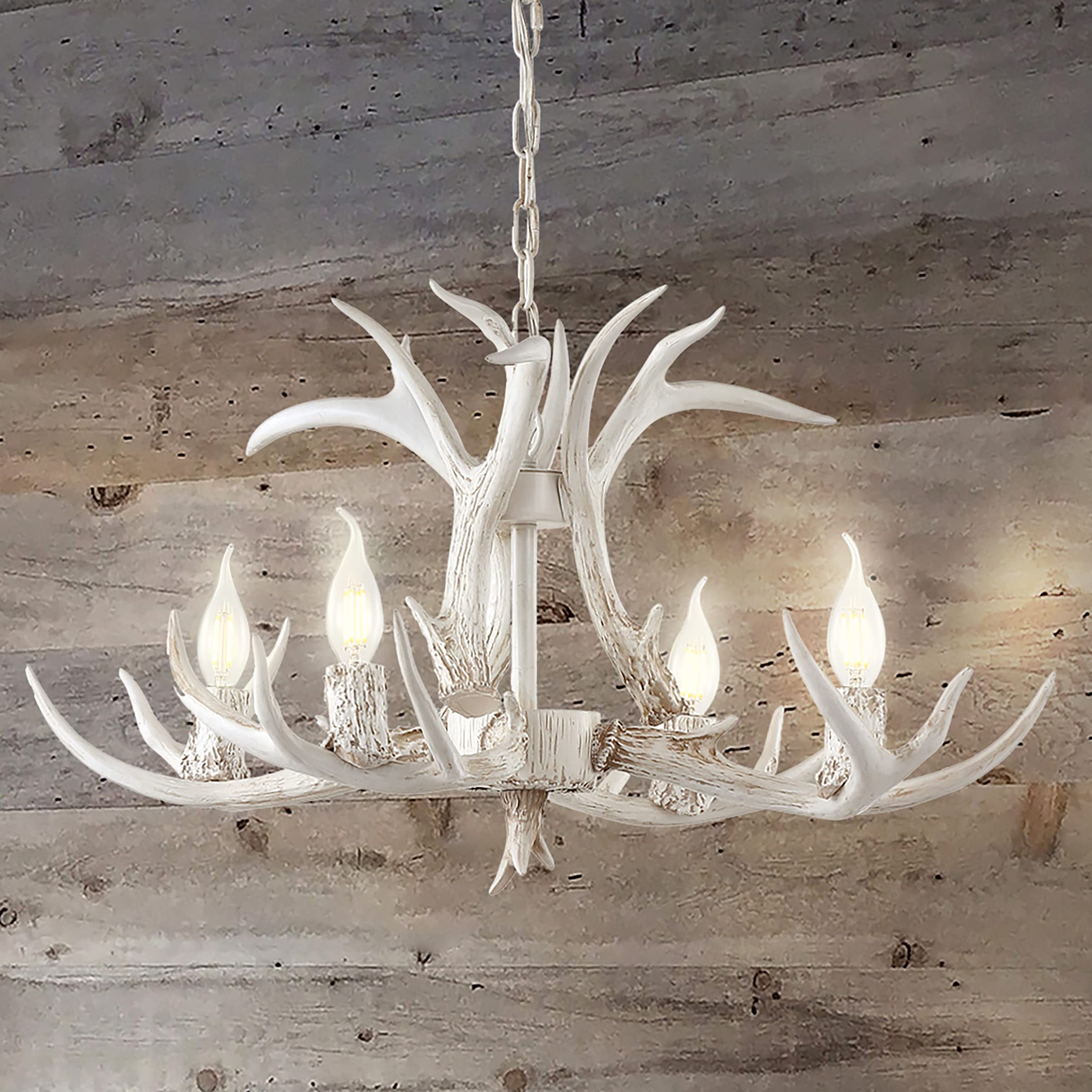 30" Adjustable Resin Antler 5-Light LED Chandelier, Glam, Rustic,Cottage,Transitional, Dimmable Dining Room, Living Room, Kitchen, Foyer, Bedroom, White