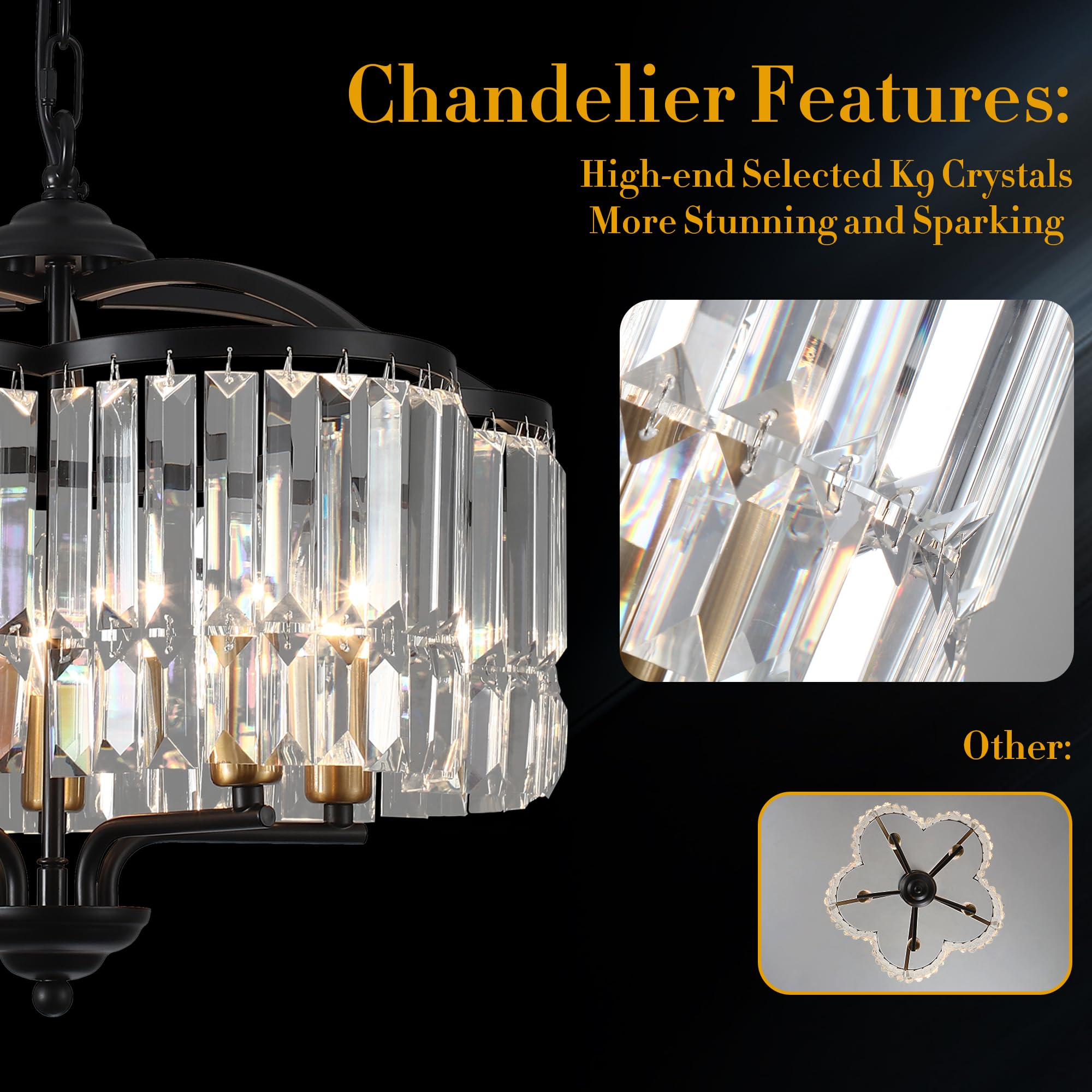 Modern Black Glass Chandeliers for Dining Room Water Ripple Glass Light Fixture 6-Light Crystal Chandeliers for Kitchen Island Living Room Bedroom