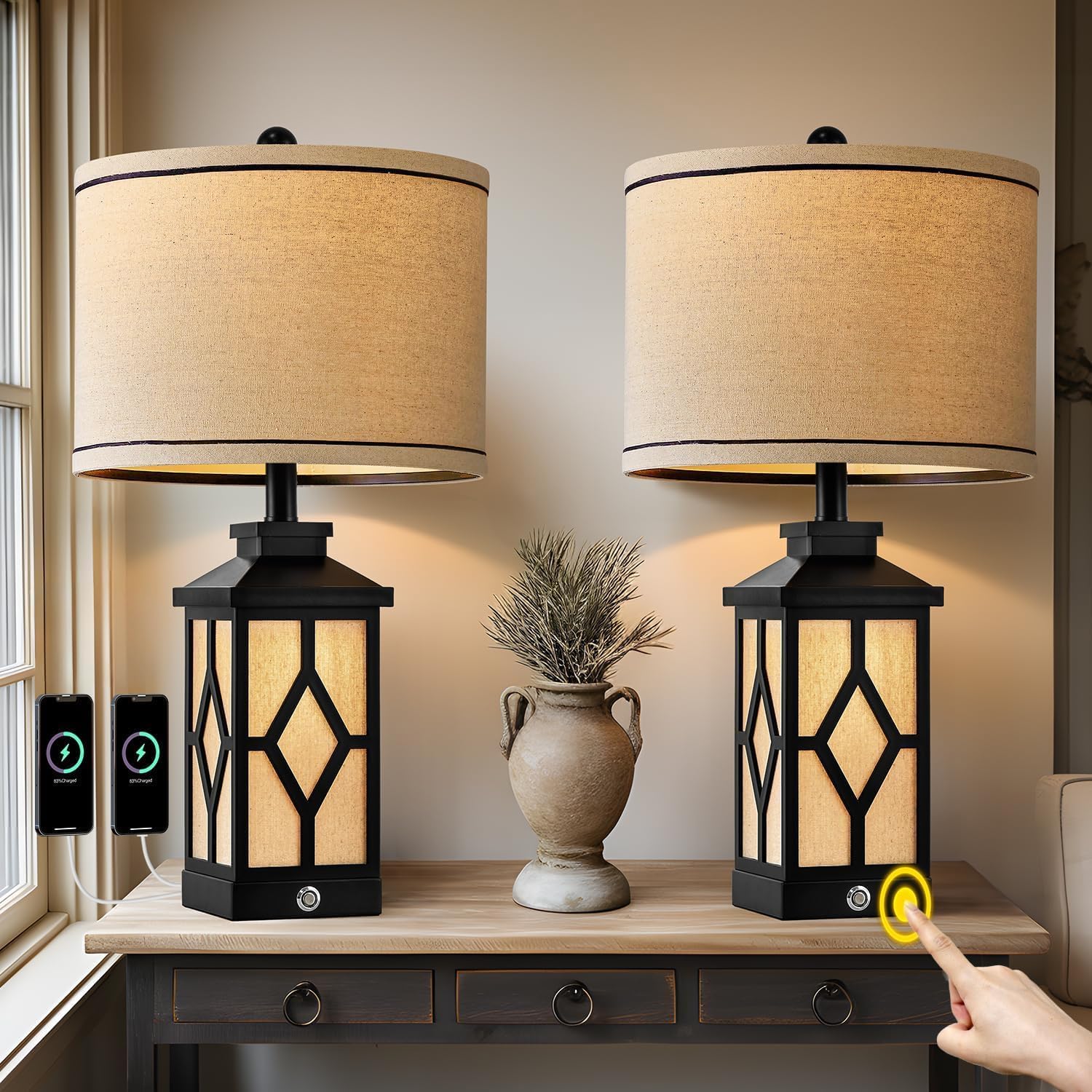 Touch Table Lamps Set of 2 Farmhouse Bedside Lamps with USB A+C Charging Ports 3-Way Dimmable Black Lamps for Living Room Retro Lamps for Night Stands Boho Bedroom Lamps