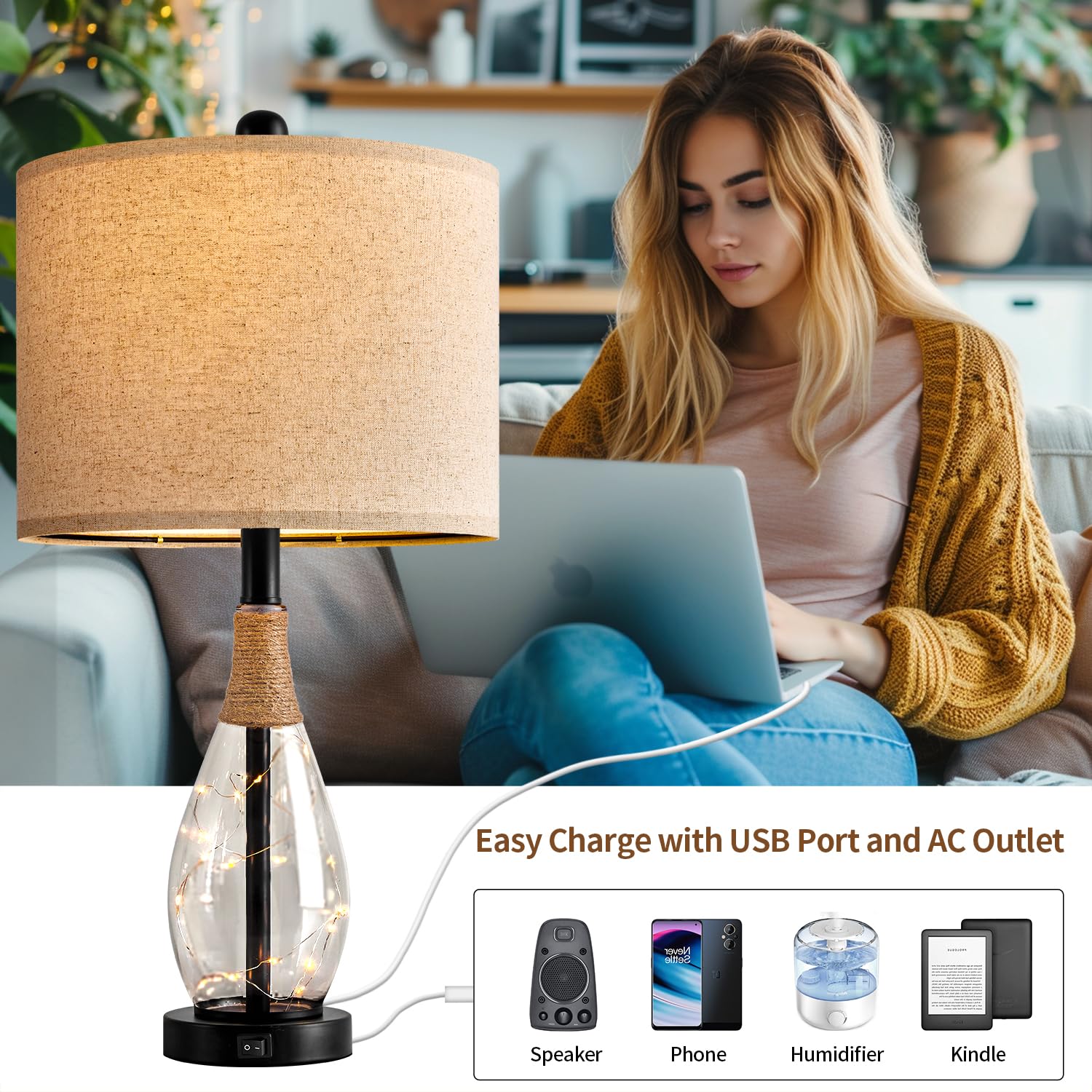 23" Table Lamps for Living Room Set of 2 Bedside Lamps for Night Stands Bedroom Lamps Farmhouse Rattan Boho Lamp Glass Nightlight End Table Lamp with USB C+A (White)