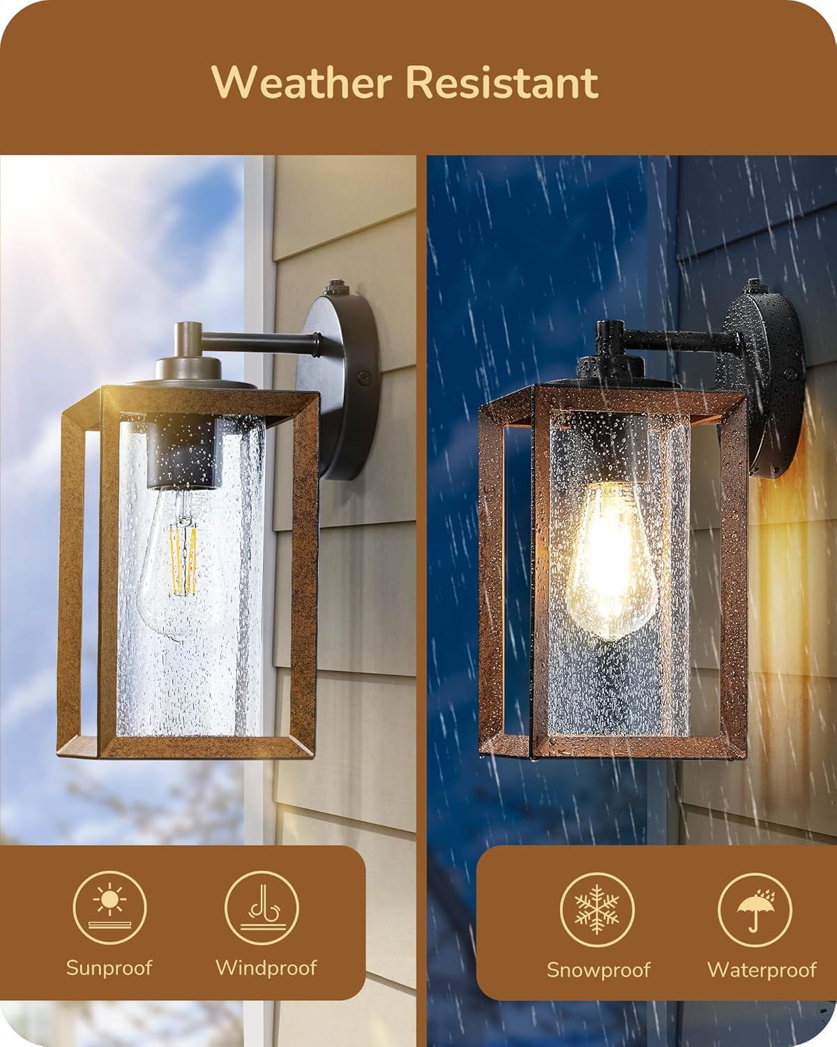 Outdoor Wall Lights, Farmhouse Exterior Lighting Fixtures with Seeded Glass, Wood Grain Finish Porch Light Wall Mount Lantern Waterproof Outside Wall Sconce Lamp, E26 Base