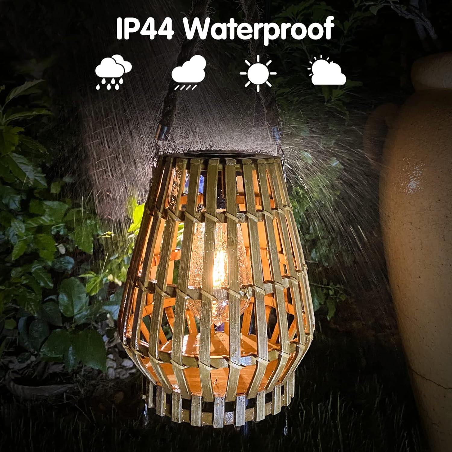 Battery Operated Outdoor Hanging Light Seagrass Woven Waterproof Porch Gazebo Patio Pendant Lantern Chandelier Lighting Decorative Hollow-Out Auto On/Off Warm White Bulb