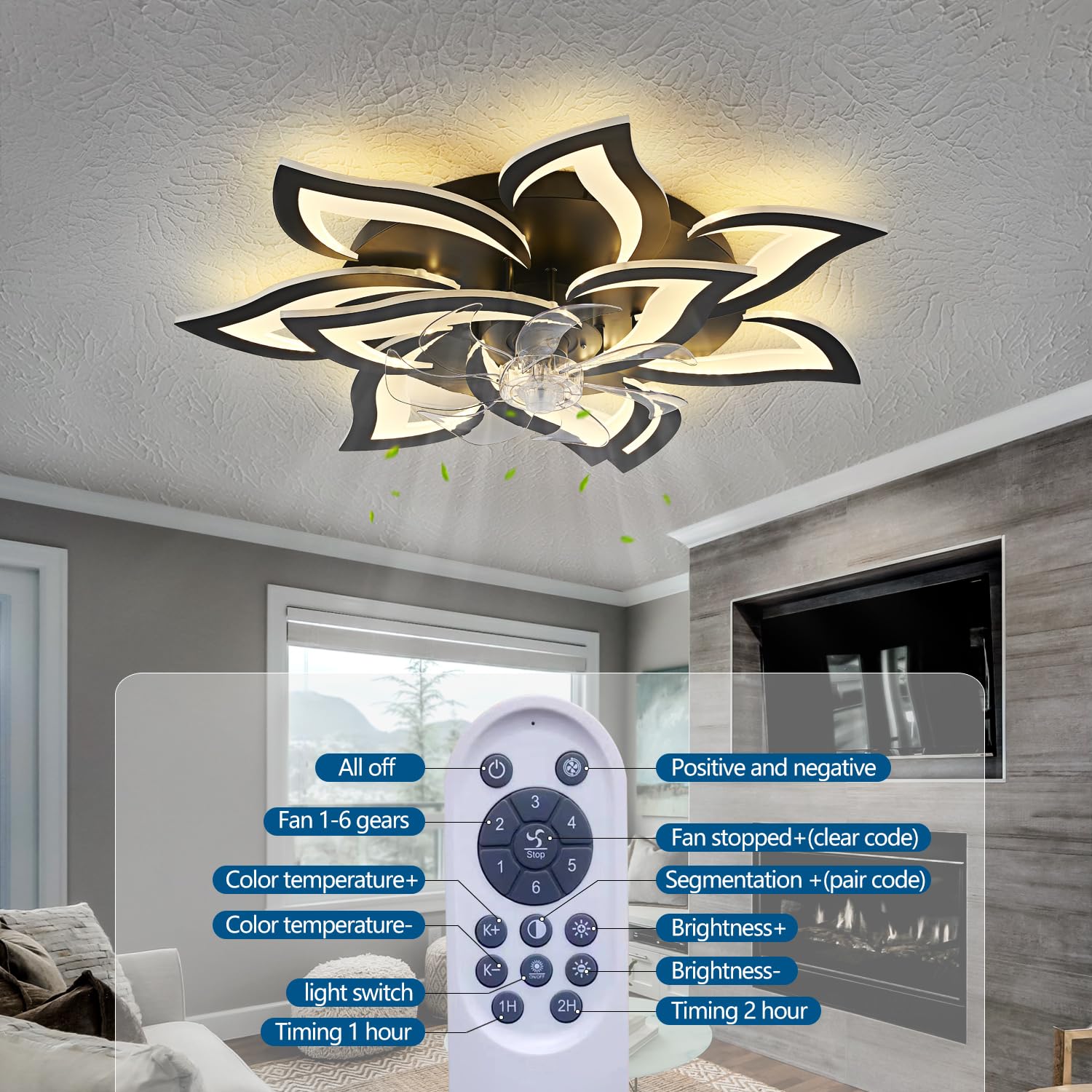 Ceiling Fan with Lights Remote Control, 24" Black, 6 Speeds 3 Light Color Low Profile Flush Mount Ceiling Fan for Kitchen Bedroom