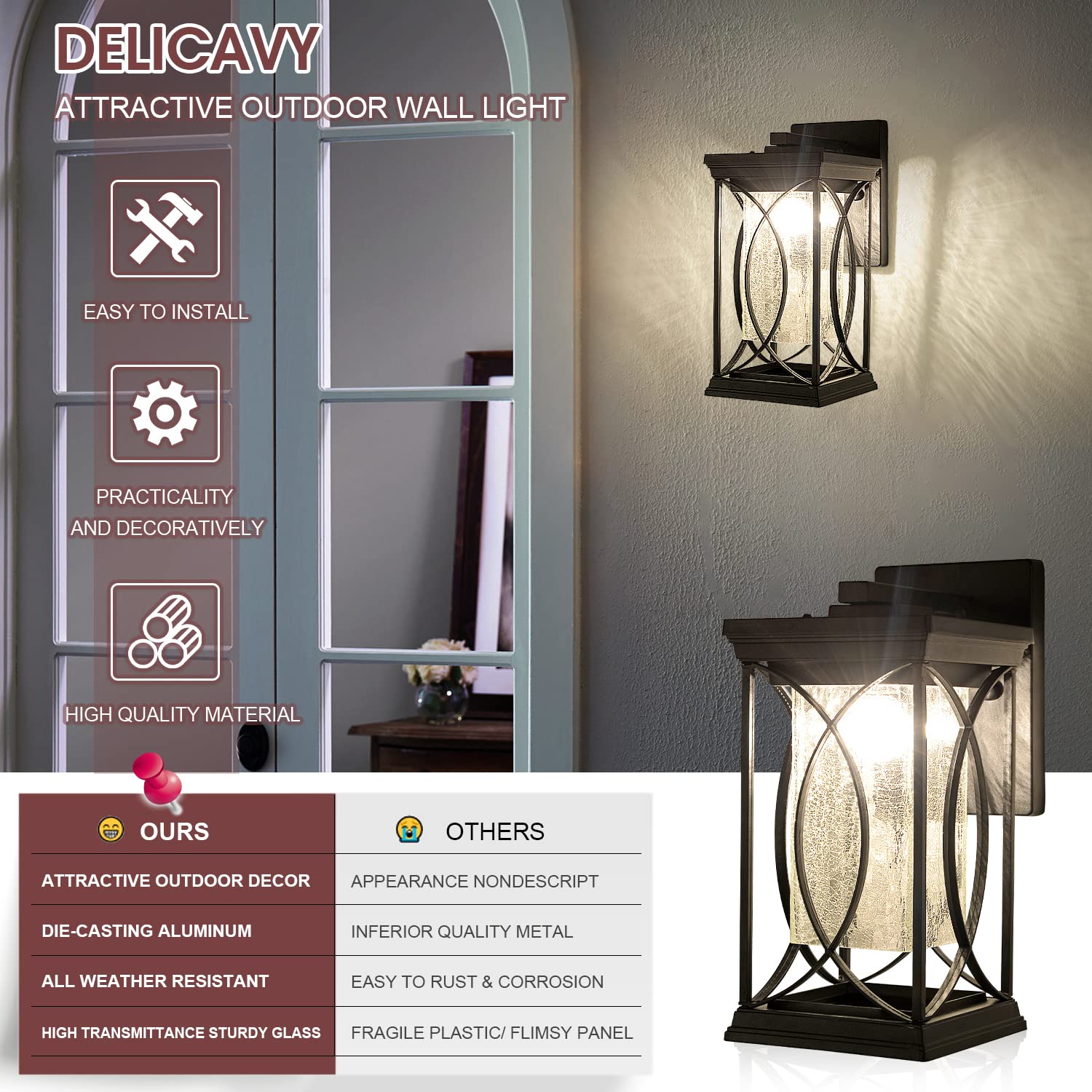 Outdoor Pendant Light Fixtures Dusk to Dawn Exterior Ceiling Hanging Lantern for Porch, Modern Black Outside Chandelier Light with Crack Glass for Front Door Porch Gazebo Foyer Entryway