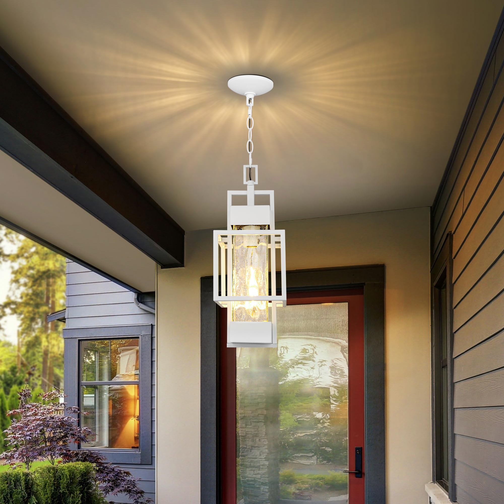 15" Outdoor Indoor Pendant Light Exterior Hanging Lantern, Modern Metal Outside Chandelier Light Fixture Ceiling Mount with Water Glass for Front Porch Entrance Foyer Entryway, Oil Rubbed Bronze