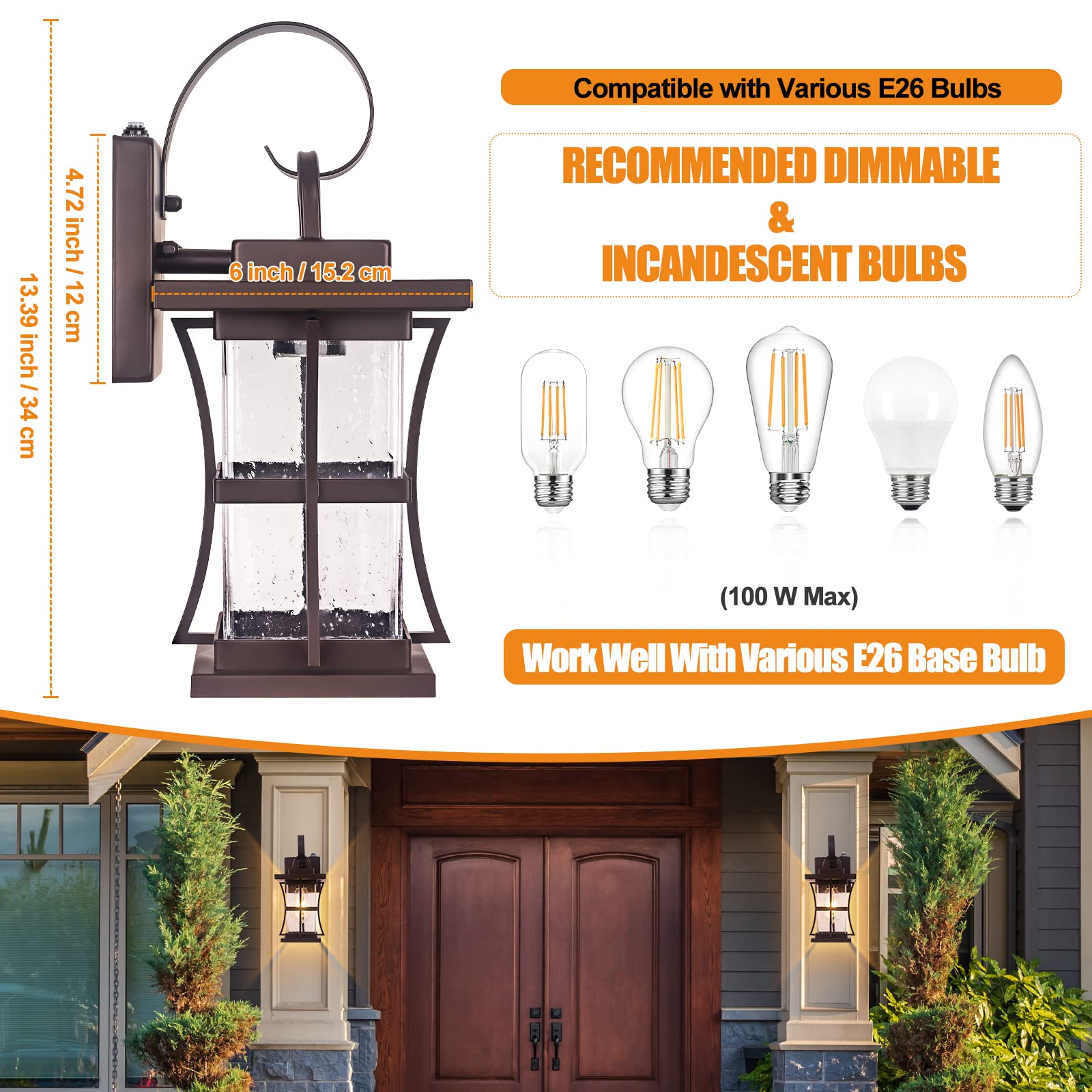 2 Packs Outdoor Wall Light, Oil Rubbed Bronze Exterior Light Fixture Waterproof Porch Sconces Wall Mounted Lighting, Anti-Rust Rustic Wall Sconce for House Garage, Doorway, Front Door Entryway, E26