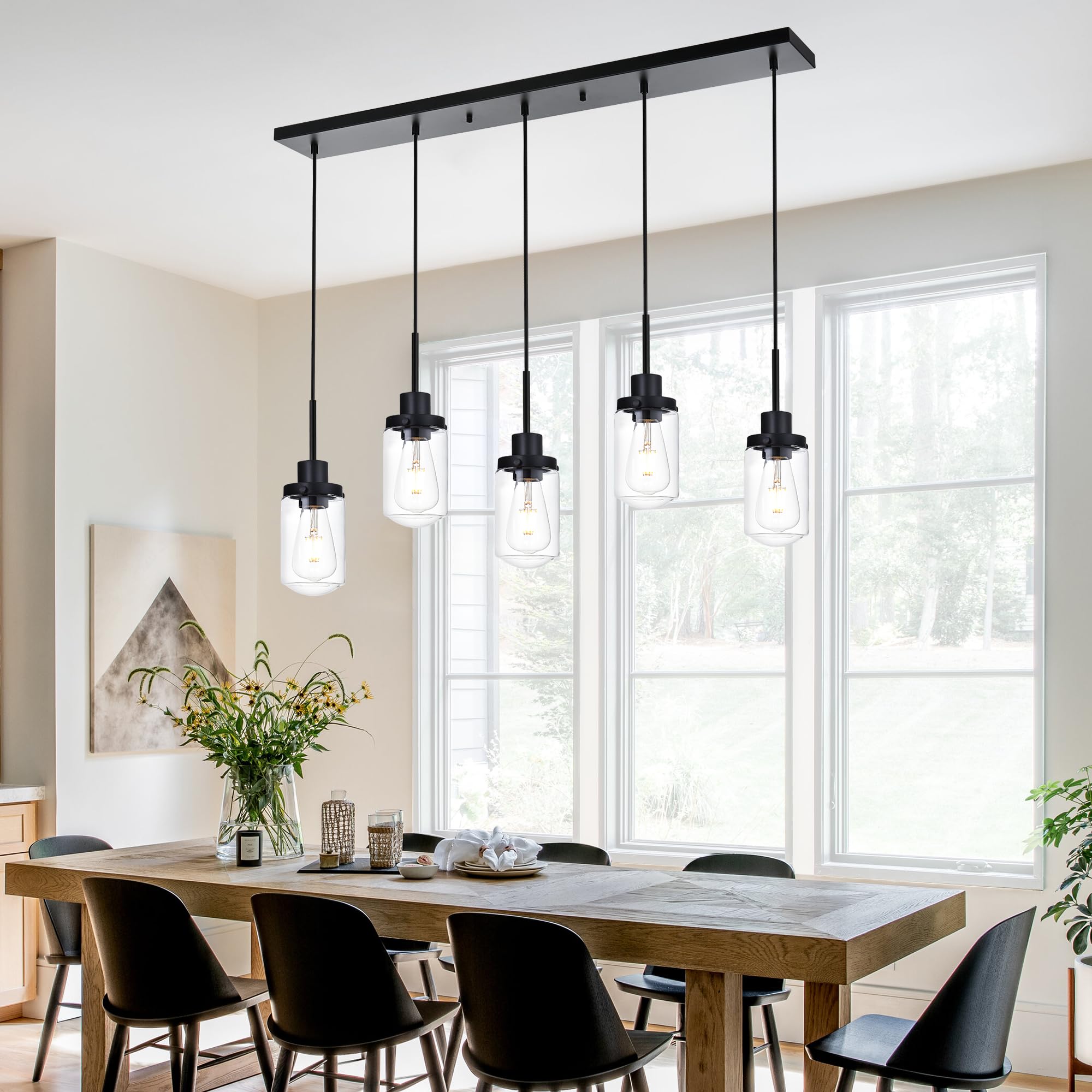 3-Light Linear Hanging Pendant Lighting for Kitchen Island, Black Dining Room Light Fixtures Over Table Linear Chandelier with Clear Glass Shade, Adjustable Height