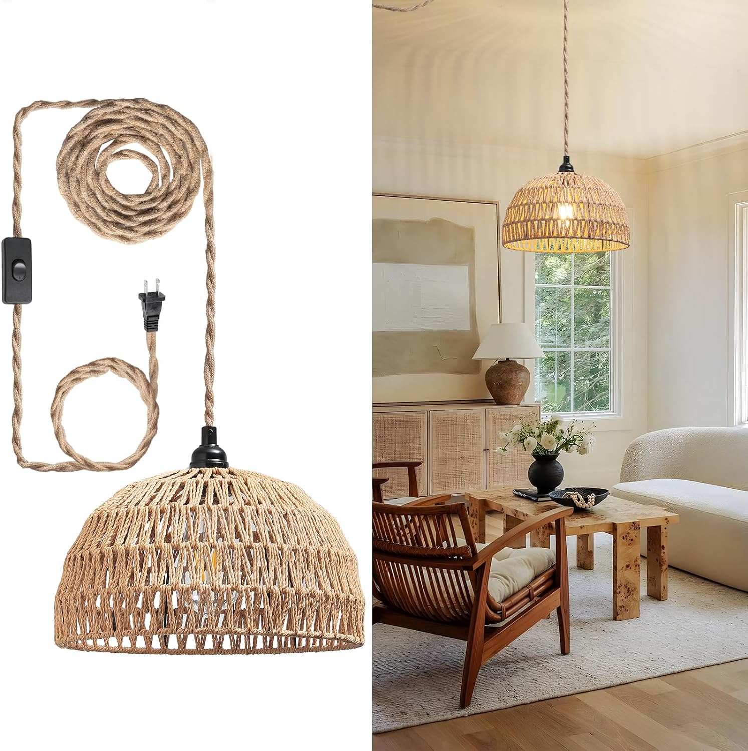 Rattan Hanging Lamp,Boho Pendant Lights,Plug in Cord Hanging Rattan Light,Plug Into Wall Outlet Pendant Light Fixture On/Off Switch for Living,Dinner Room,Bedroom,Kitchen,for E26,without Bulb