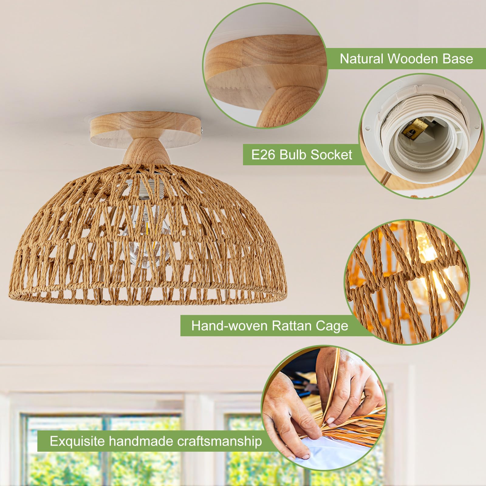 Rattan Pendant Light Fixture Basket Hanging Drum Chandelier Basket Light White Boho Ceiling Light Flush Mount Ceiling Light Woven Kitchen Chandelier for Dinning Room Hallway Bedroom Chandelier