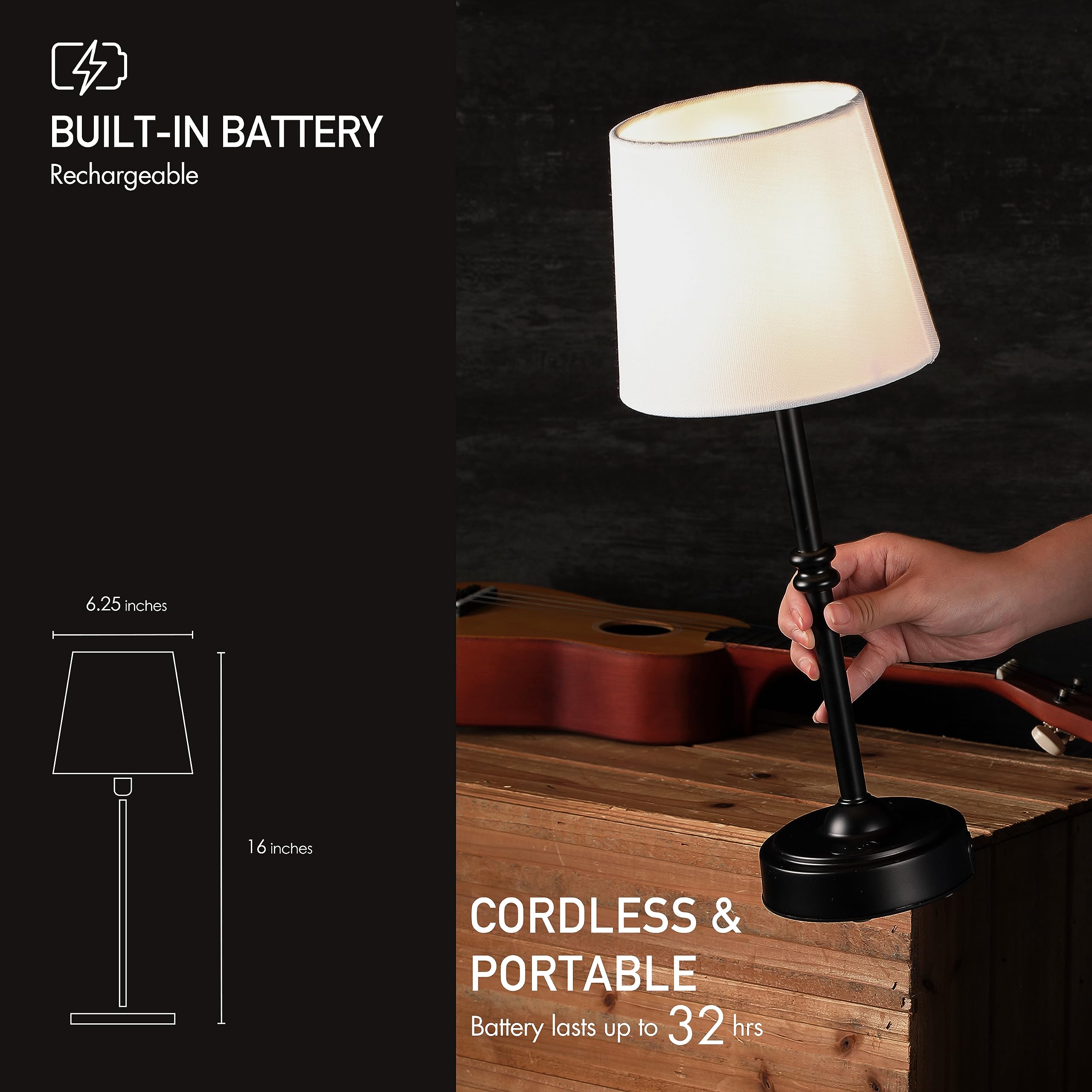 Cordless LED Table Lamp with Dimmer, Built-in Rechargeable Battery, 3-Level Brightness, Patio Table Lamp, Bedside Night Lamp, Ambient Light for Restaurant, Antique Brass